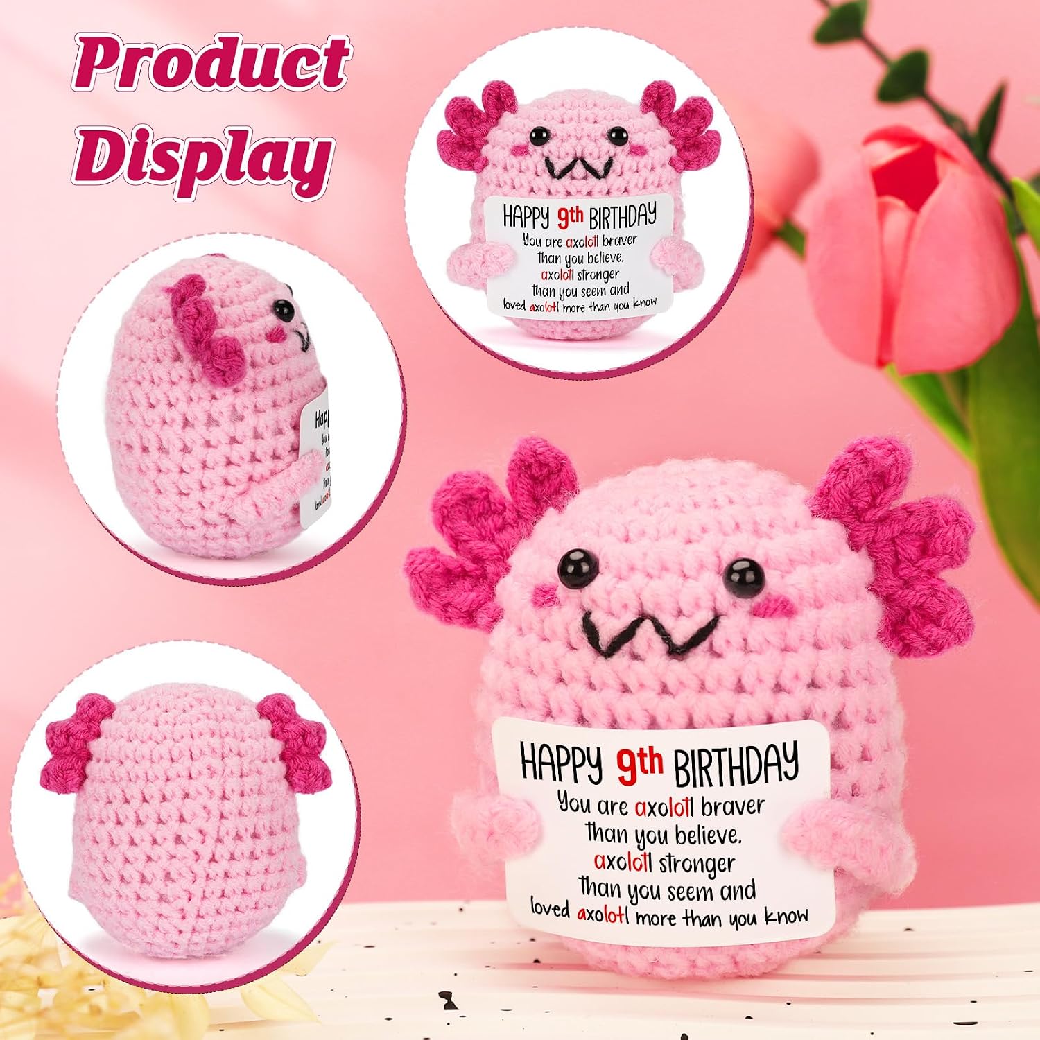 9 Year Old Girl Birthday Gift Ideas, Mini Crochet Axolotl Plush for 9th Birthday Gift for Girls, 9th Pink Decorations, 9 YO Presents Axolotl Toy