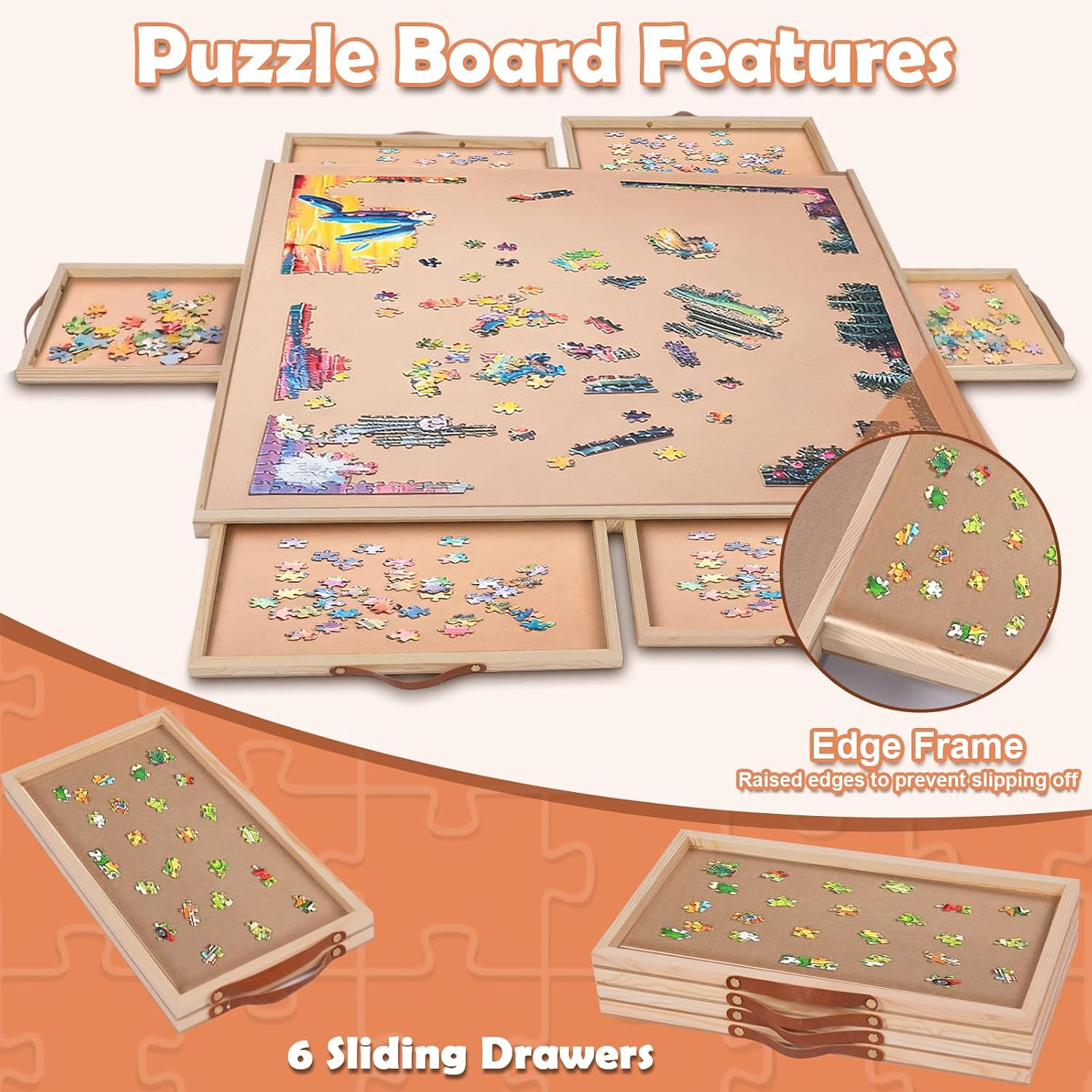 27"×35" Rotating Wooden Puzzle Table with Cover & 6 Drawers, 1500-Piece Lazy Susan Jigsaw Board for Adults, Portable Puzzle Organizer Gift