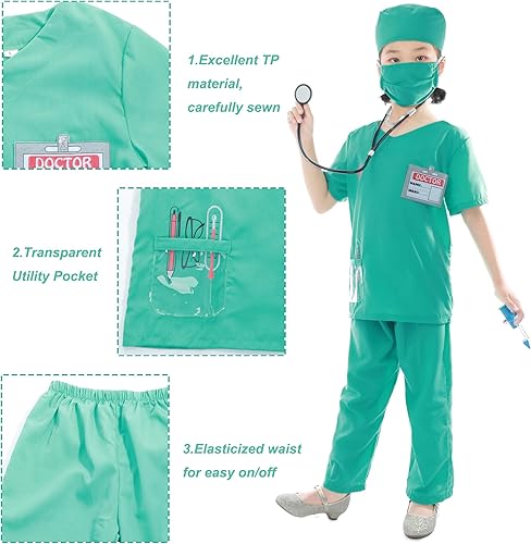 Miniatura 5 de Ropa quirúrgica para niñas, disfraz de médico, 7 piezas, kits de juego con disfraz y accesorios para fiestas de Halloween