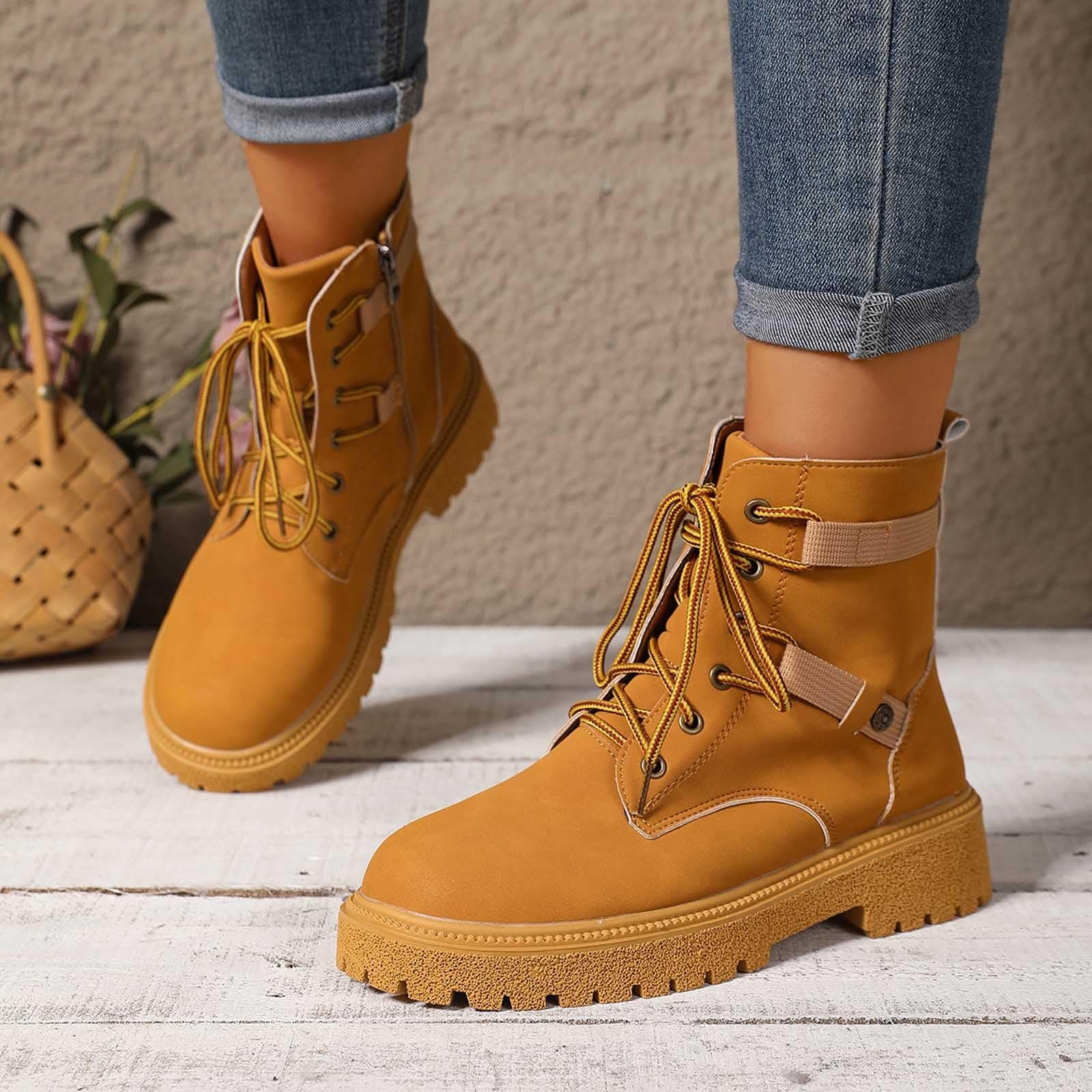Generisch Bottines pour femme avec fermeture éclair latérale, lacets, chaussures de randonnée tendance avec semelle épaisse, bottes courtes élégantes pour l'aventure
