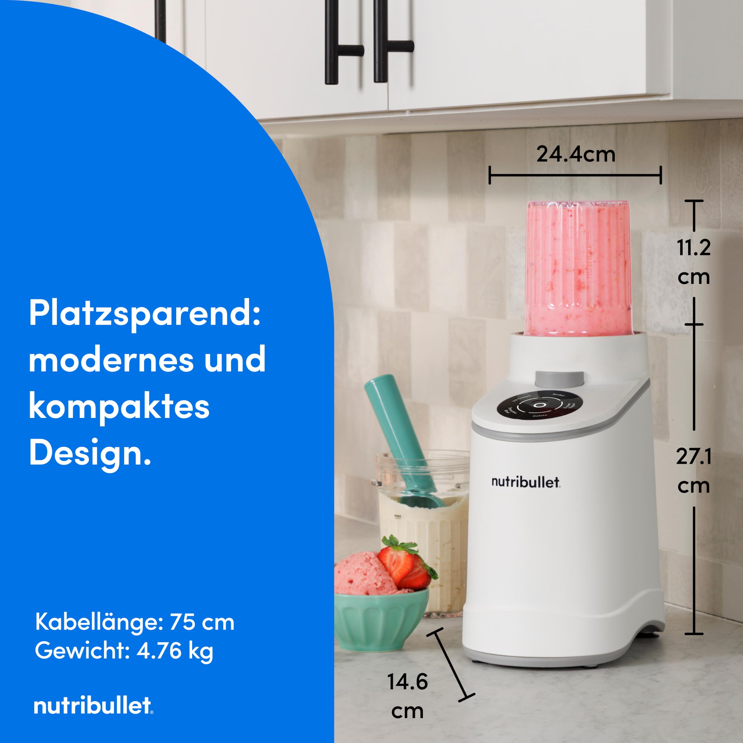 nutribullet Chill – Eismaschine für leckeres Eis, Gelato, Sorbet, Smoothie Bowl und Frozen Yogurt, 5 Automatikprogramme, Eiscreme Maschine, 3 Behälter mit Deckel, ideal für Familien, Weiß (NBD0503W)