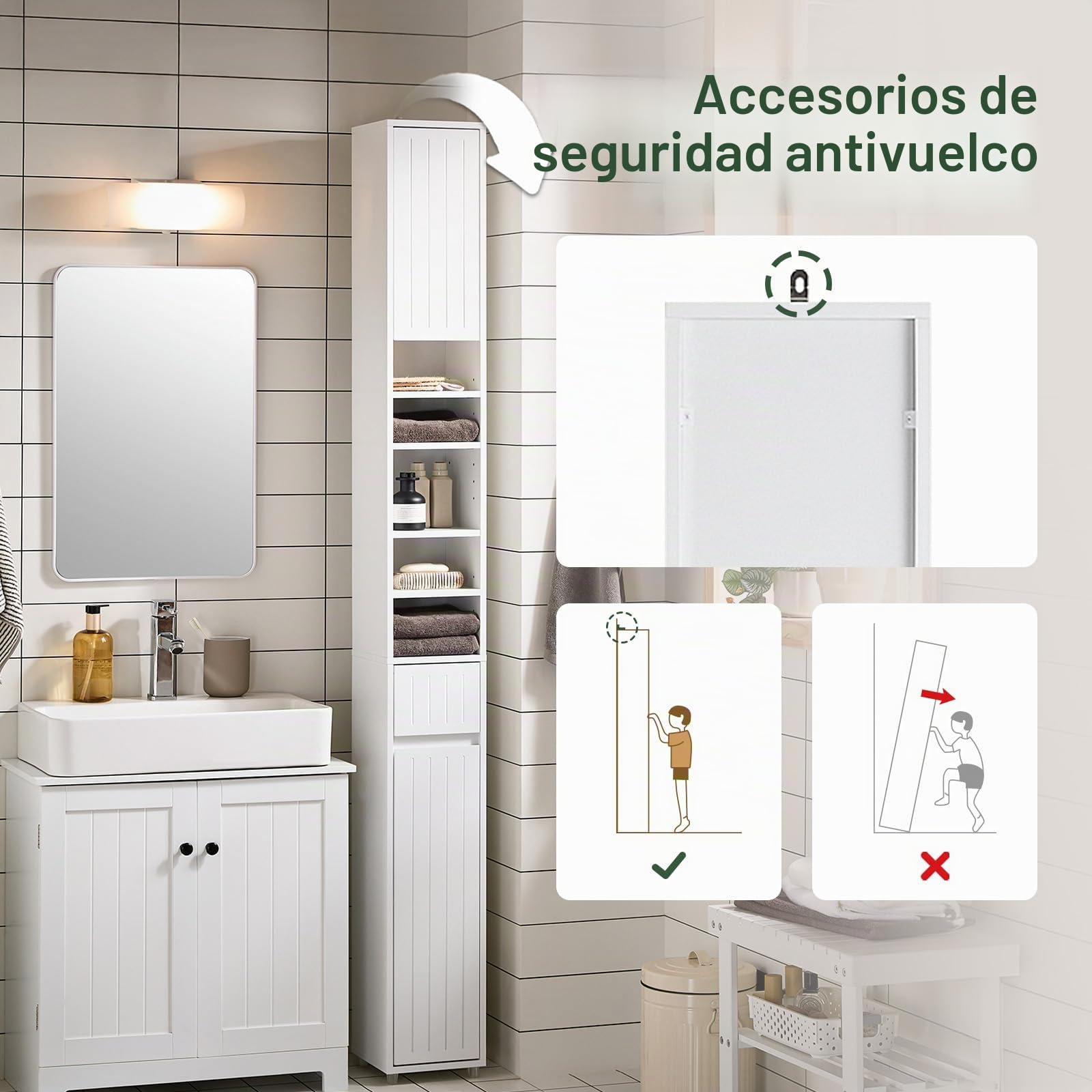 SoBuy Mueble Baño Alto Armario Baño Estrecho 20x180x20 cm Blanco | Mueble Baño Auxiliar, Armario Columna Baño con Puertas, Cajón y Estantes, Mueble Almacenaje Estrecho, BZR160-W