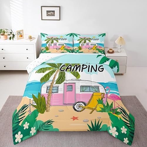 Castle Fairy Summer Camping Comforter Set King Size,Sea Beach Flamingo Trees Pla