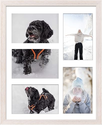 Golden State Art, Marco de madera blanca envejecida de 11 x 14 pulgadas con paspartú blanco  Muestra cinco fotos de 4 x 6  Vidrio real, ganchos de