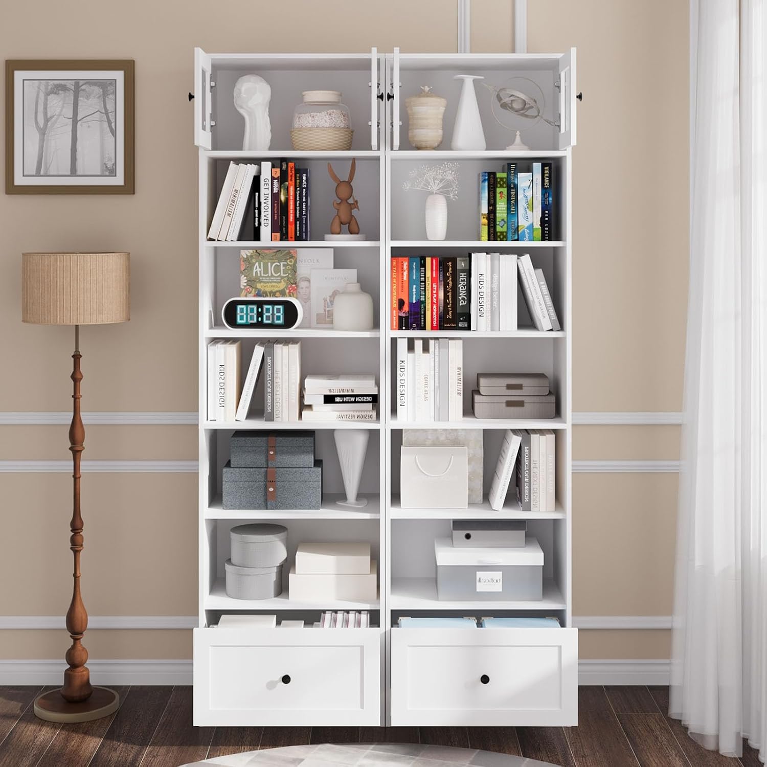 TUSY 85.5 Inch Tall Bookshelf with Doors - 7 Tier Bookcase with Glass Doors and Drawer, 23.6" Wide Storage Cabinet with Open Shelves for Living Room, White Book Shelf for Home Office, Study (BB)