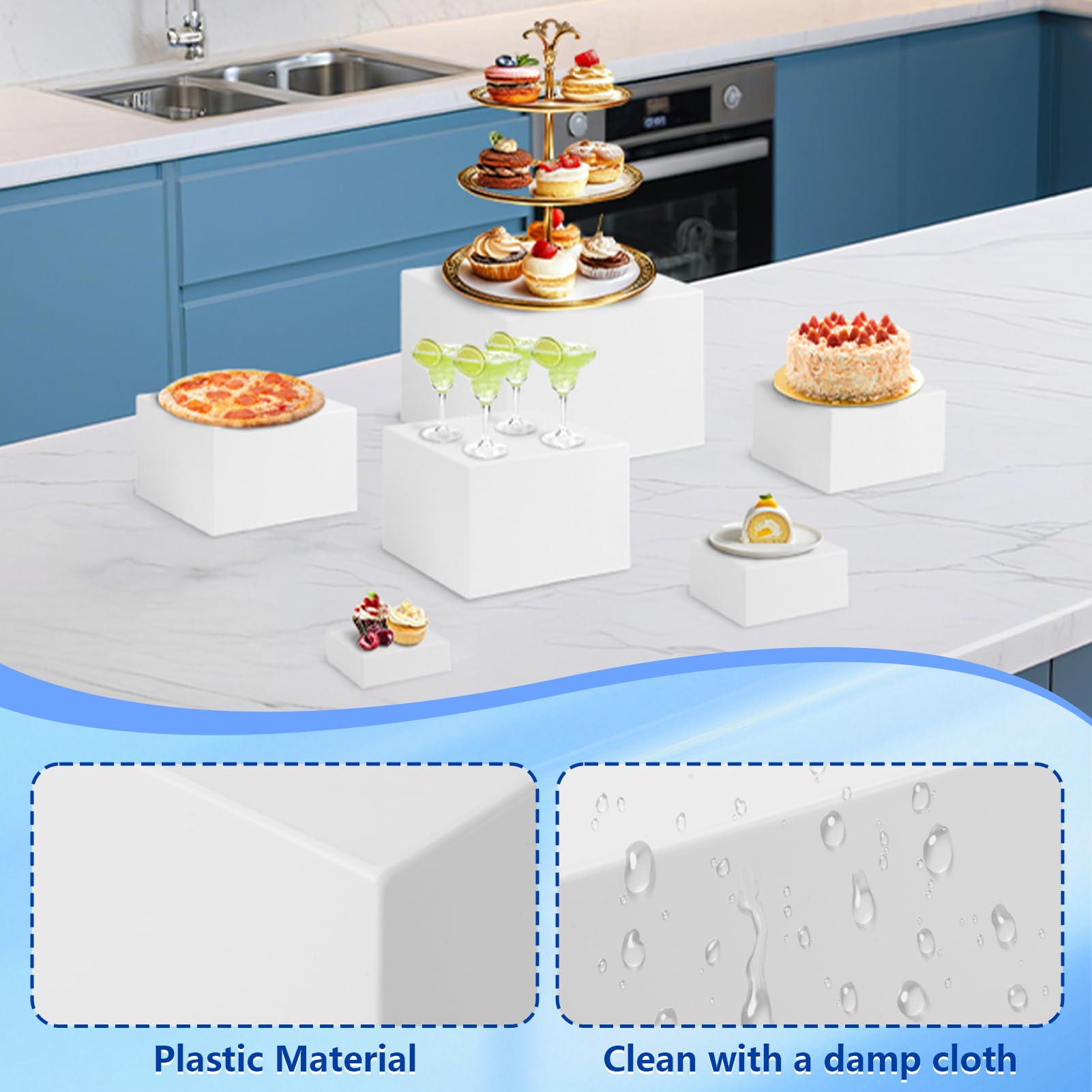 Wakects Lot de 6 Support à Buffet, Presentoir a Gateau Cube Présentoir Acrylique Emboîtable avec Fonds Creux pour Desserts, Buffets, Cosmétiques, Pièces de Collection Display (Blanc)