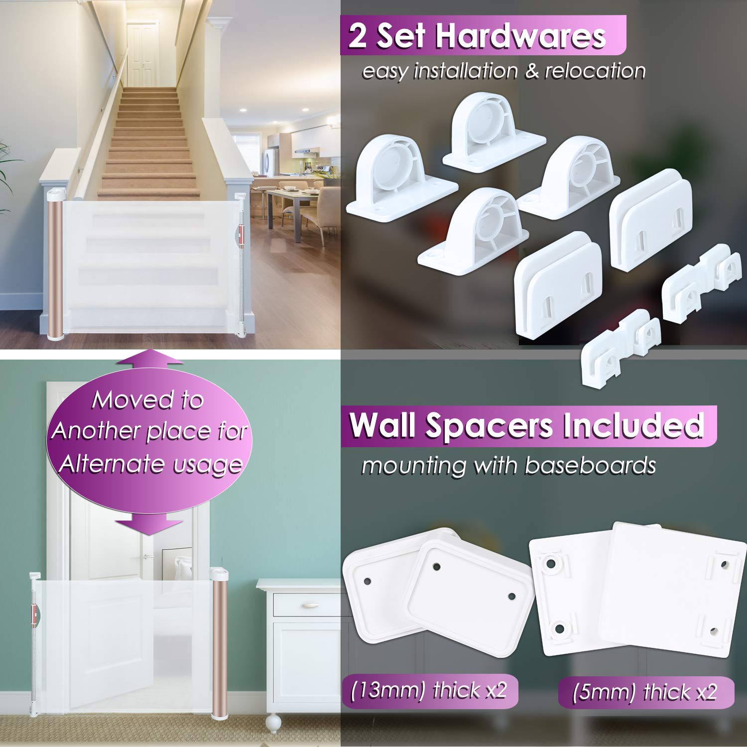 Babepai Retractable Baby Safety Gate - 3-Direction Rotated Openings Mesh Baby Gate 34” Tall Extends to 54” Wide Lockable Handle Latch Safety Gate for Kids and Dog Gate for Doorway Stair Banister Deck