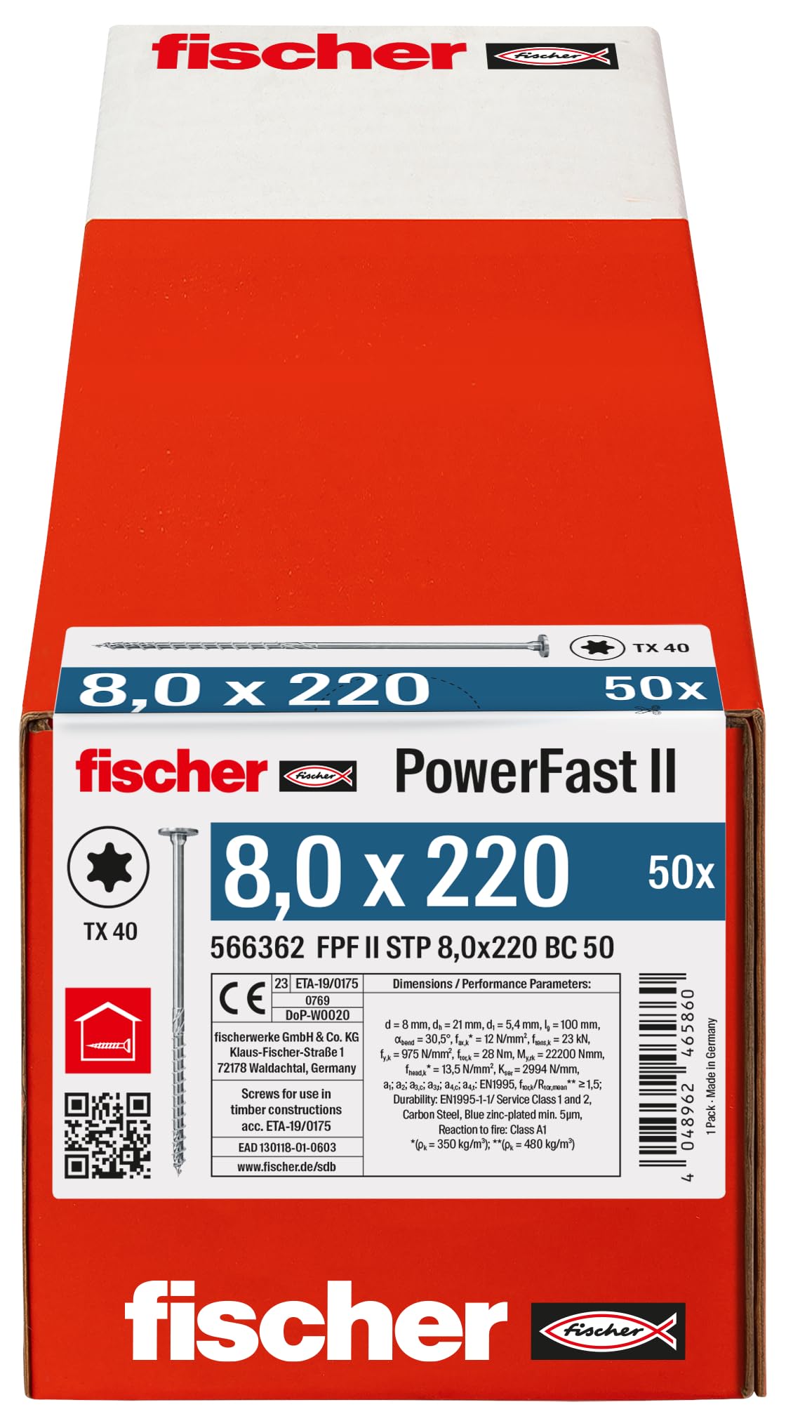 fischer PowerFast II 566362 STP - Tornillo para madera (8,0 x 220, 50 unidades), color plateado