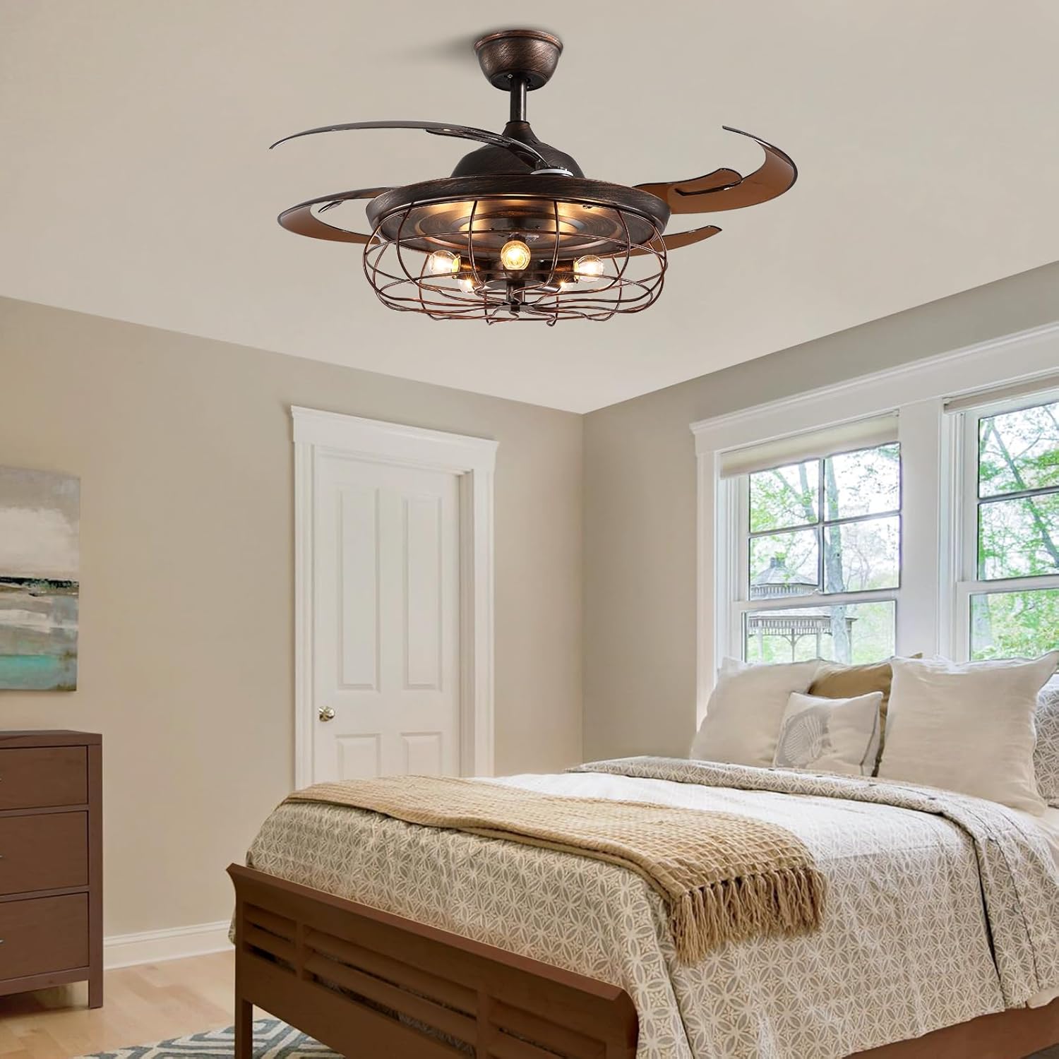 Siljoy Retractable Ceiling Fan with Light Industrial Rust Caged Ceiling Fan with Lights and Remote Farmhouse 6 Speeds Reversible Fandelier for Living Room Bedroom Patio 48 Inches, 5 Lights