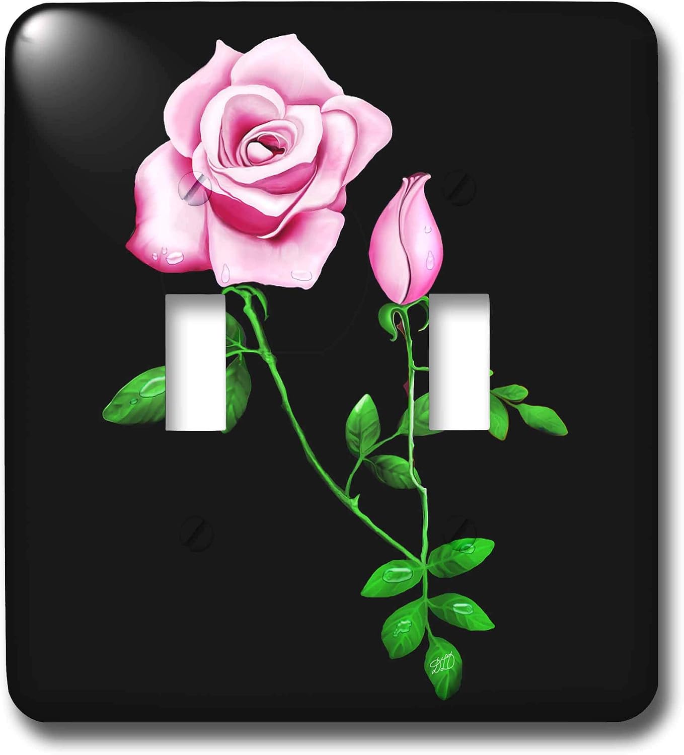 3dRose lsp_11672_2 This Artwork Features A Pretty Pink Rose with Rosebud Design and Green Leaves On A Dark Background Double Toggle Switch