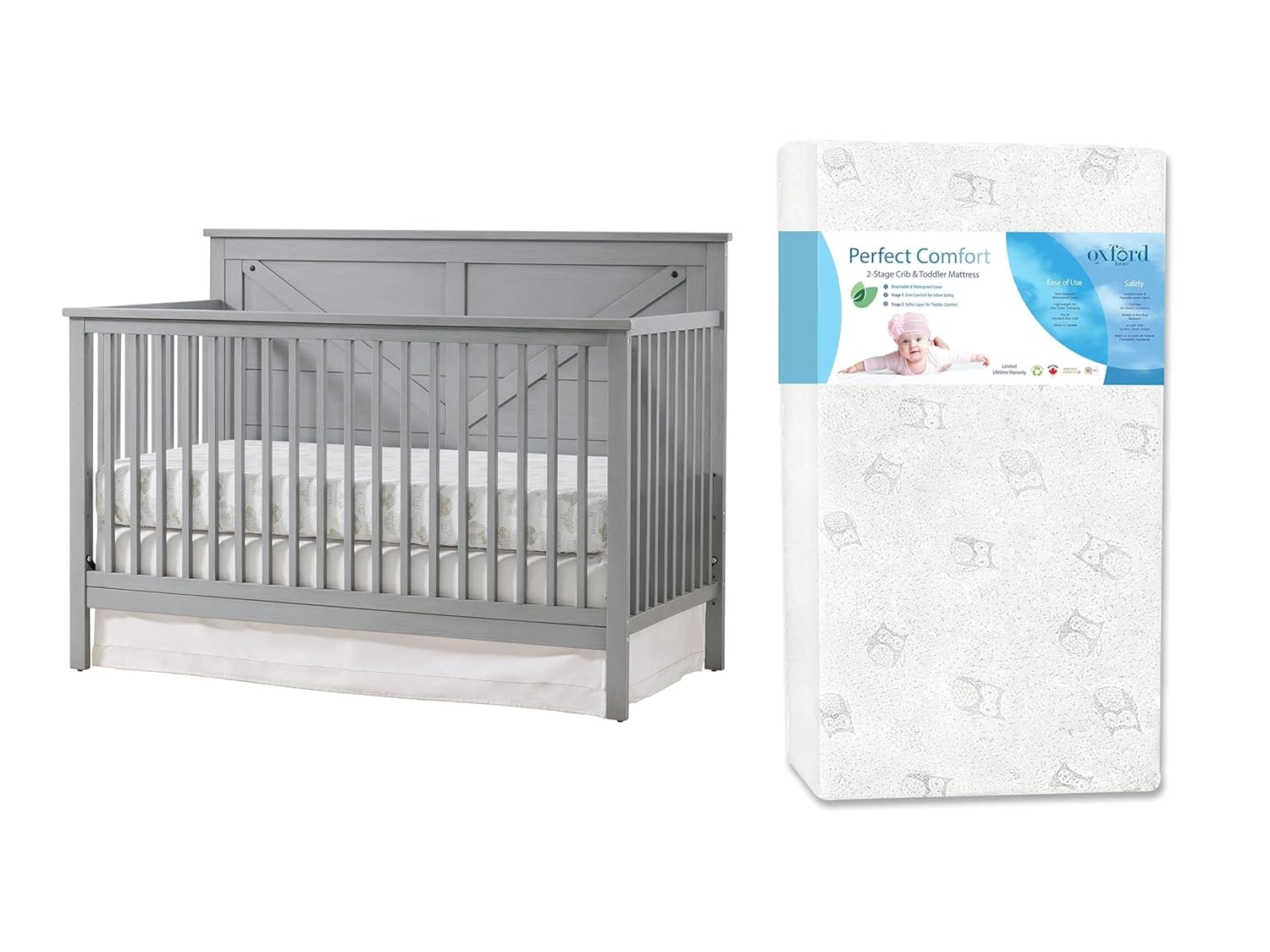 Oxford Baby 2 PC Nursery Set Montauk 4-in-1 Convertible Crib, Farmhouse Gray, GreenGuard Gold Certified and The Perfect Comfort 2-Stage Crib Mattress & Toddler Mattress