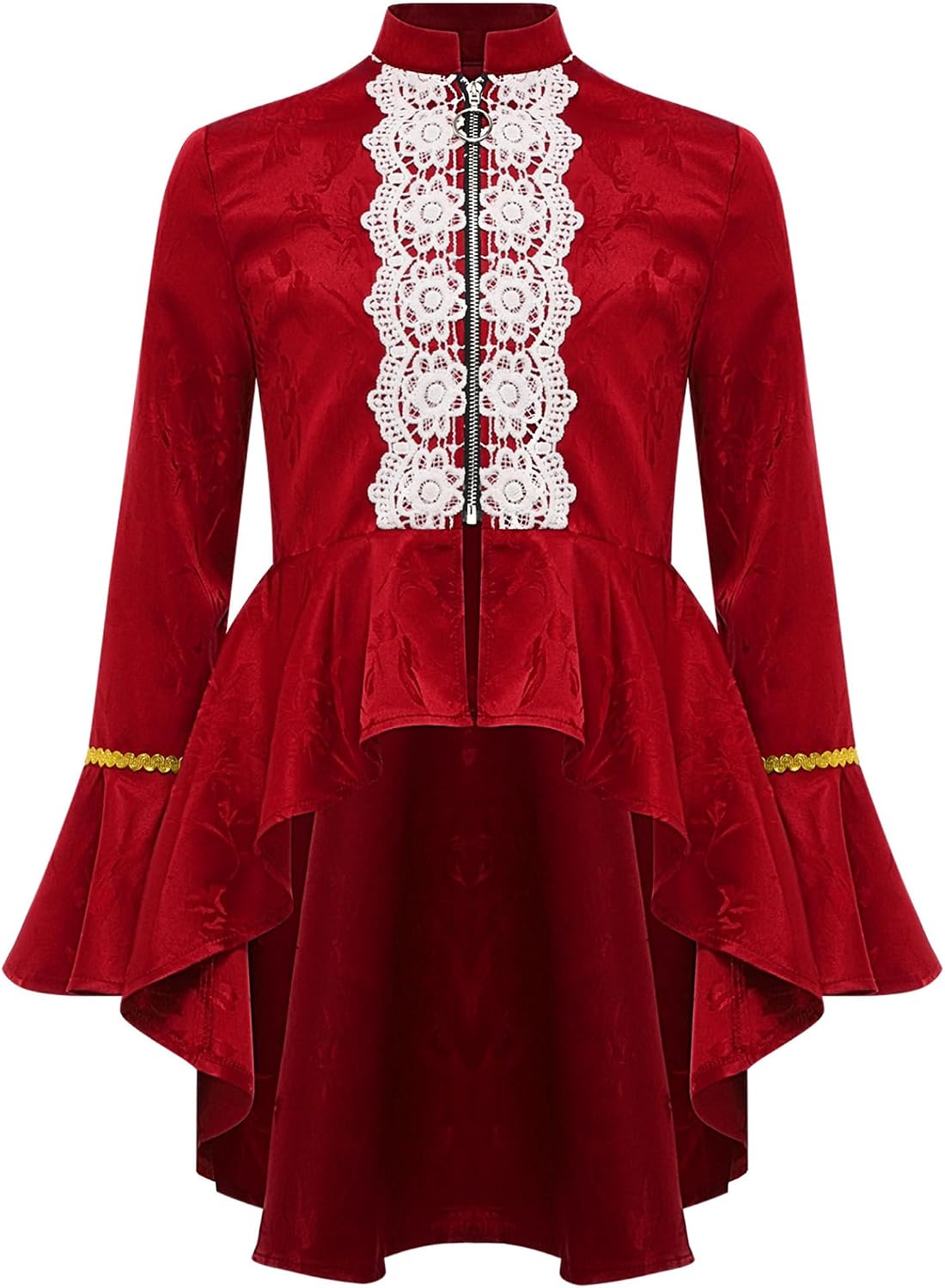 Girls Victorian Steampunk Jacket Long Sleeve Tailcoat Embroidered Floral Lace Ruffles Front