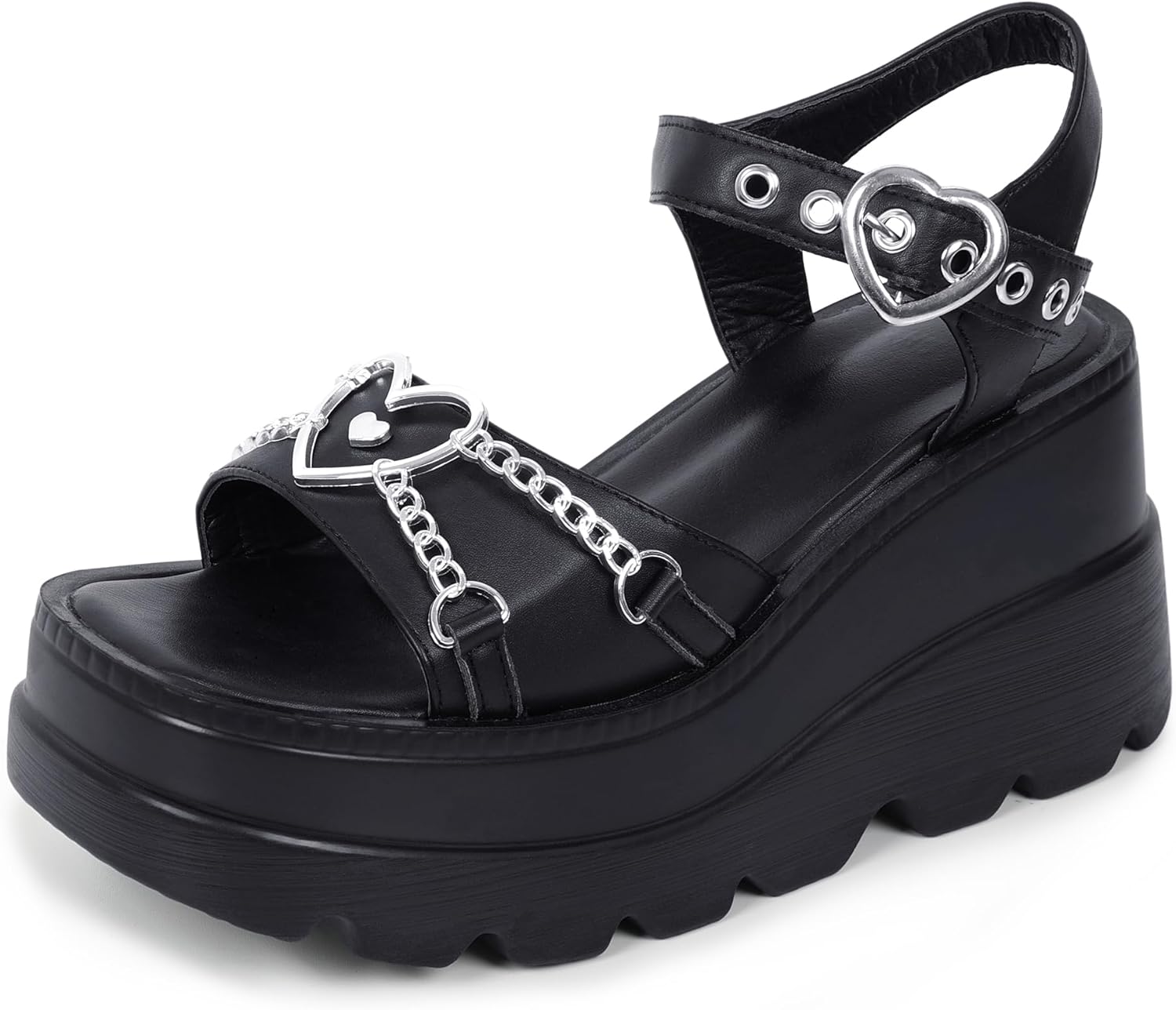 Gothniero women black platform sandals goth chunky wedge heel summer sandals girls gothic punk platform sandals for women metallic spider buckles slides size 5.5-11