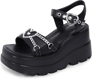 Gothniero women black platform sandals goth chunky wedge heel summer sandals girls gothic punk platform sandals for women metallic spider buckles slides size 5.5-11