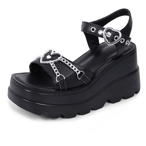 Gothniero women black platform sandals goth chunky wedge heel summer sandals girls gothic punk platform sandals for women metallic spider buckles slides size 5.5-11 - 11 - Black2