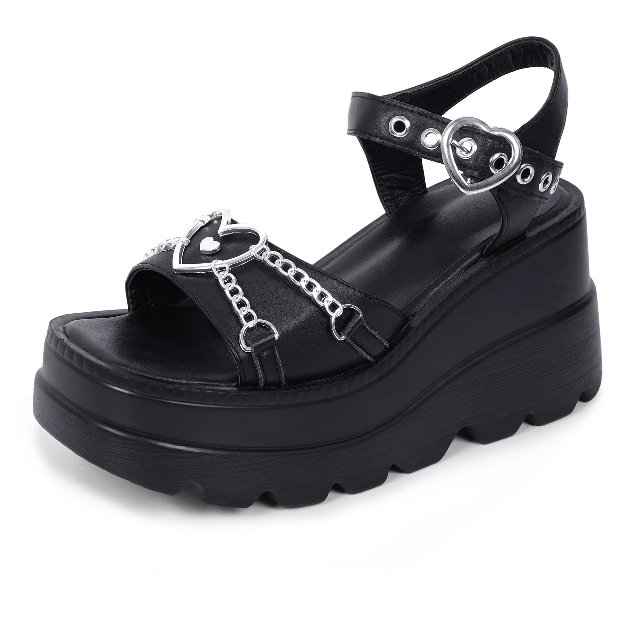 Gothniero women black platform sandals goth chunky wedge heel summer sandals girls gothic punk platform sandals for women metallic spider buckles slides size 5.5-11: 6 Black2