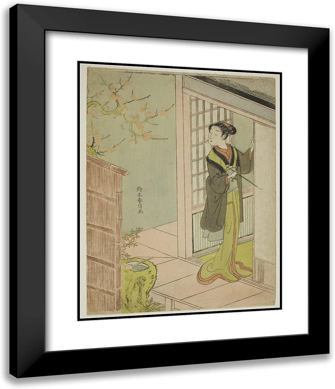ArtDirect Suzuki Harunobu 20x24 Black Modern Framed and Double Matted Art Print Titled Beauty Admiring a Bush Warbler Singing in a Plum Tree