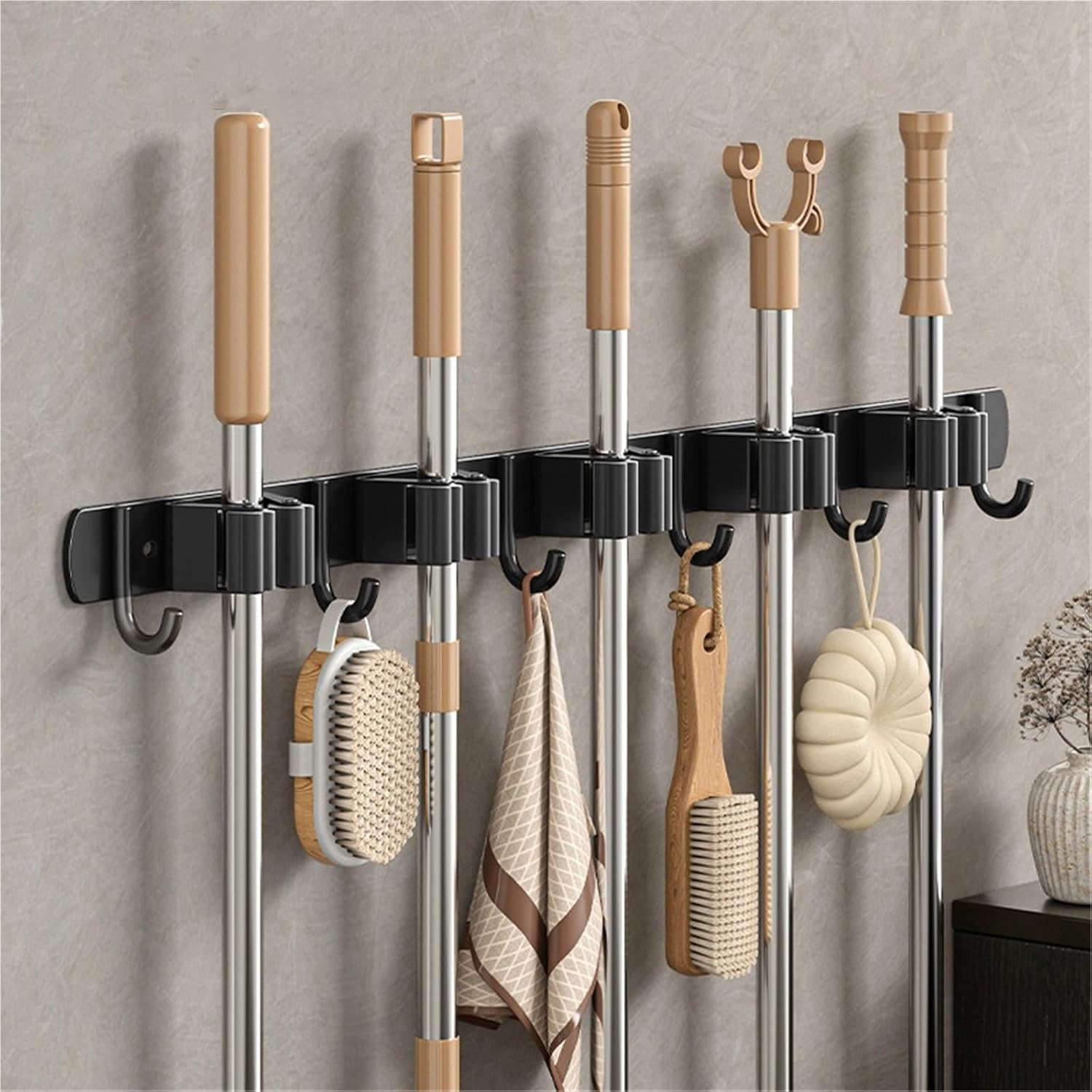 Broom Holder,Stainless Steel Mop Holder, No Drilling, Cleaning Supplies Organizer,Versatile Mop Hook, Wall Mounted Bathroom Broom Storage Clip,Laundry Room Organization,Home Improvement.(Black,5 clips