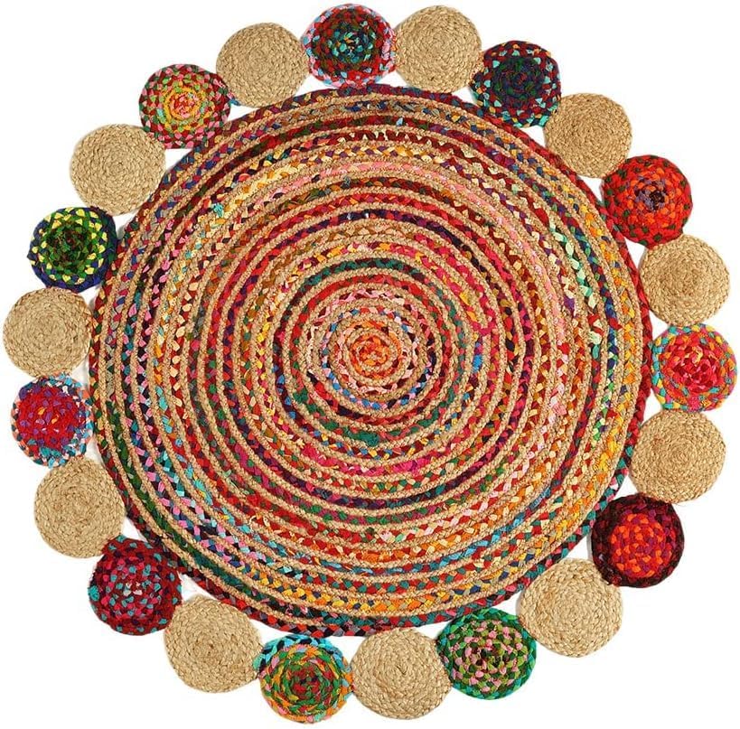 GRUHUM Alfombra de Área de Yute y Algodón de 5 pies - Alfombra de Área de Yute Redonda de Fibra Natural Tejida a Mano Estilo Bohemio Granja Colorida