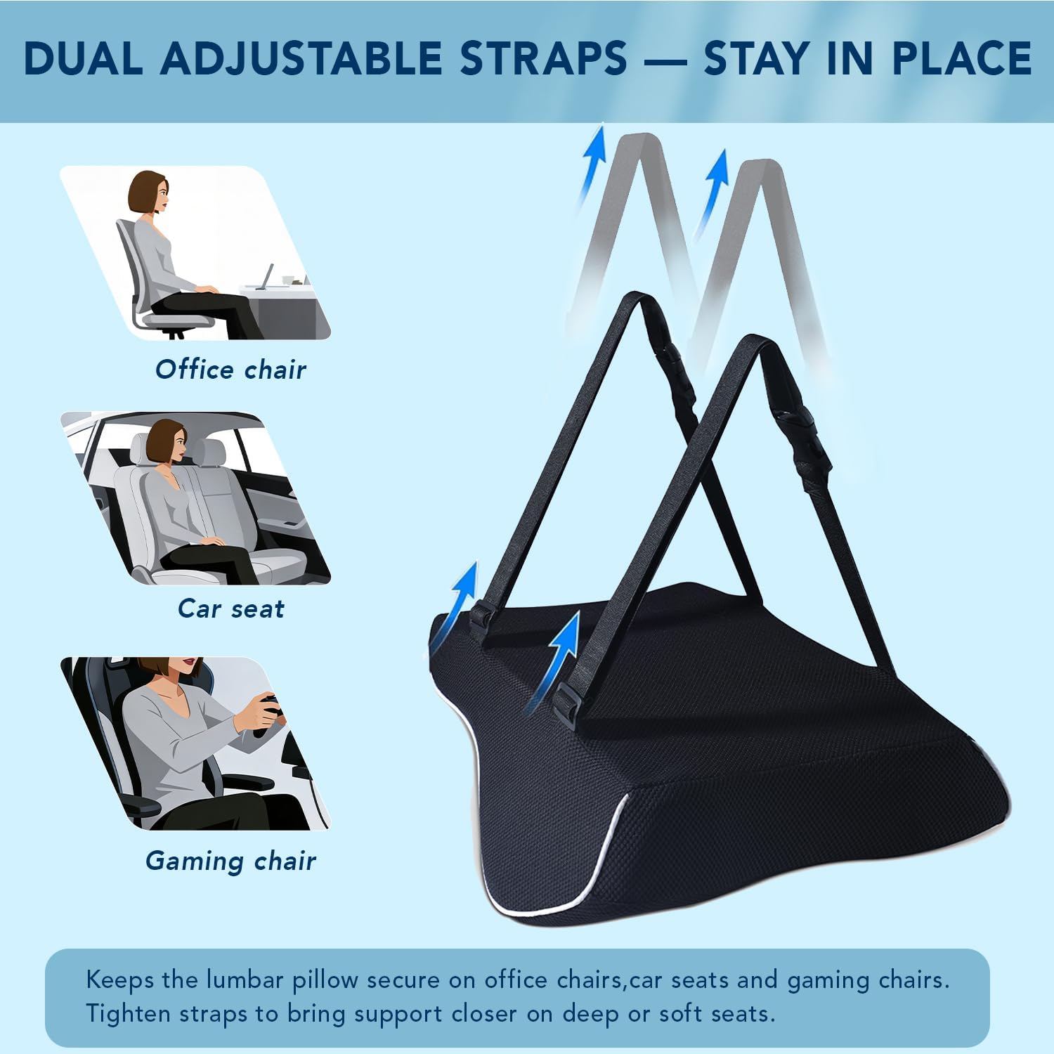 CompuClever Lumbar Support Pillow for Office Chair & Car Seat, Ergonomic Memory Foam Back Cushion with Dual Adjustable Straps, Breathable Mesh, Support for Long Sitting, Work, Driving & Gaming