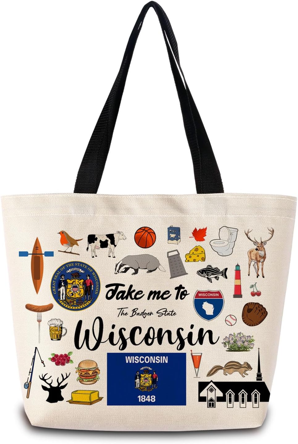 Take Me To Wisconsin Tote Bag Reusable Grocery Bags Aesthetic Shopping Shoulder Handbag with Interior Pocket Lightweight & Washable Stylish Wisconsin Travel Present for Women