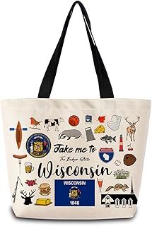 Take Me To Wisconsin Tote Bag Reusable Grocery Bags Aesthetic Shopping Shoulder Handbag with Interior Pocket Lightweight & Washable Stylish Wisconsin Travel Present for Women