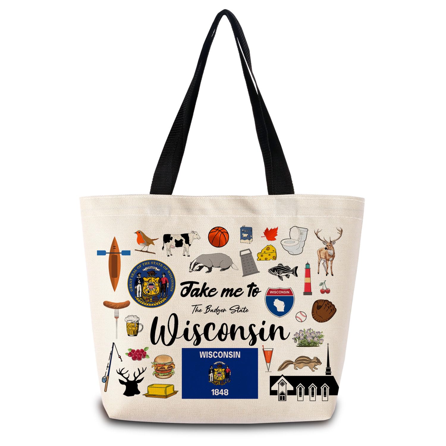 Take Me To Wisconsin Tote Bag Reusable Grocery Bags Aesthetic Shopping Shoulder Handbag with Interior Pocket Lightweight & Washable Stylish Wisconsin Travel Present for Women