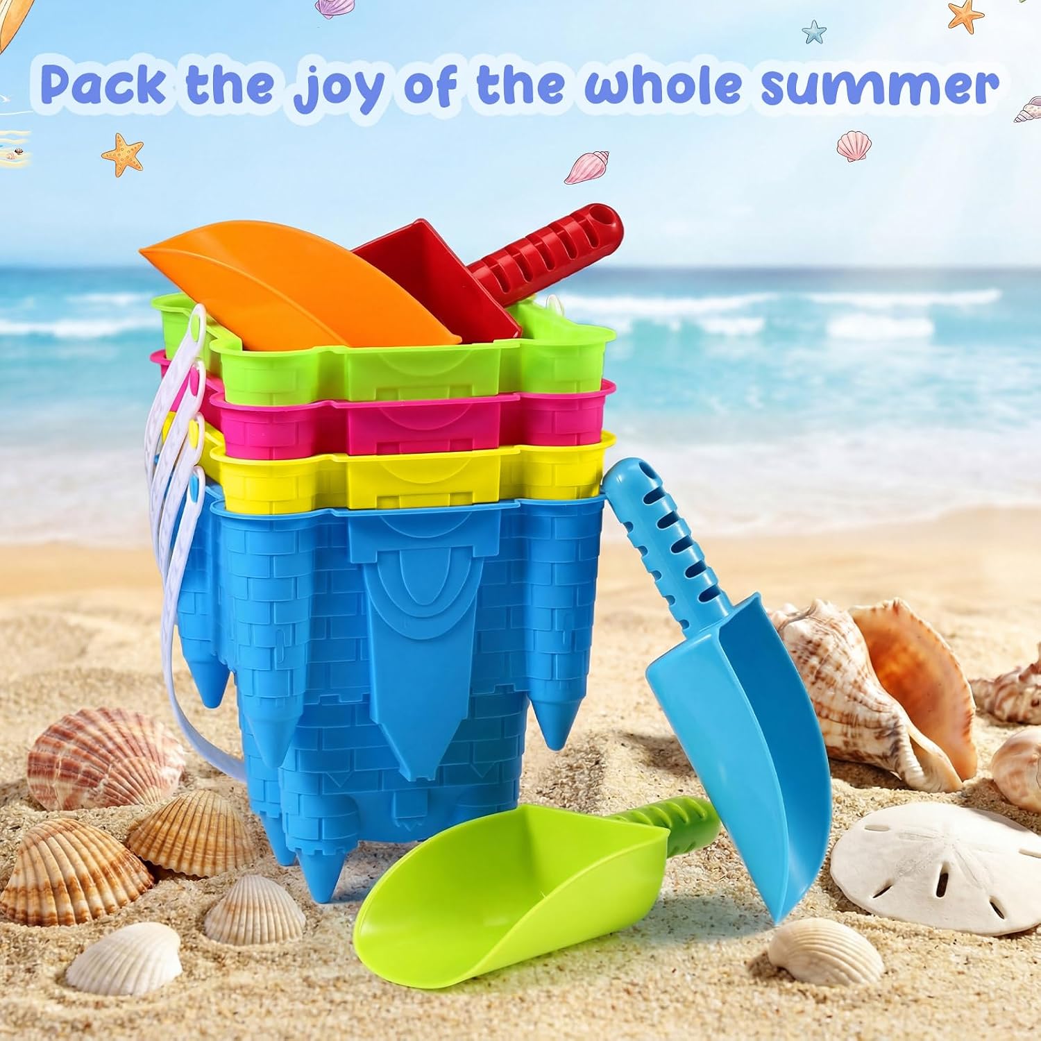 Realspring 4 Pcs Sand Castle Building Kit, 4 Sandbox Castle Molds Beach Buckets and 4 Sand Shovels Tools for Kids Summer Gift Beach Toys Toddlers Sandcastle Building Kit