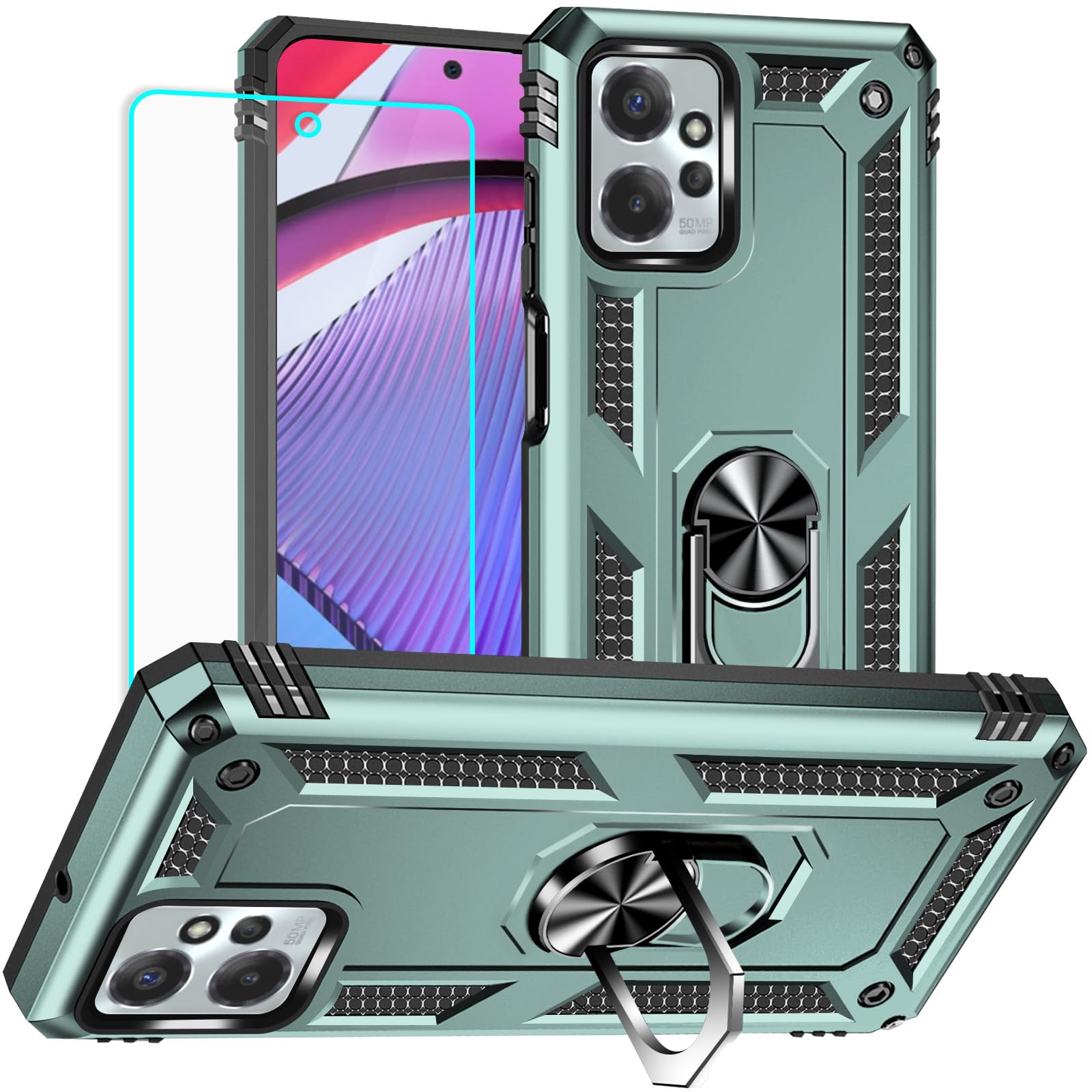 Moto G Power 5G 2023 Case with HD Screen Protector, Military Grade Protective Case with Ring (Dark Green)