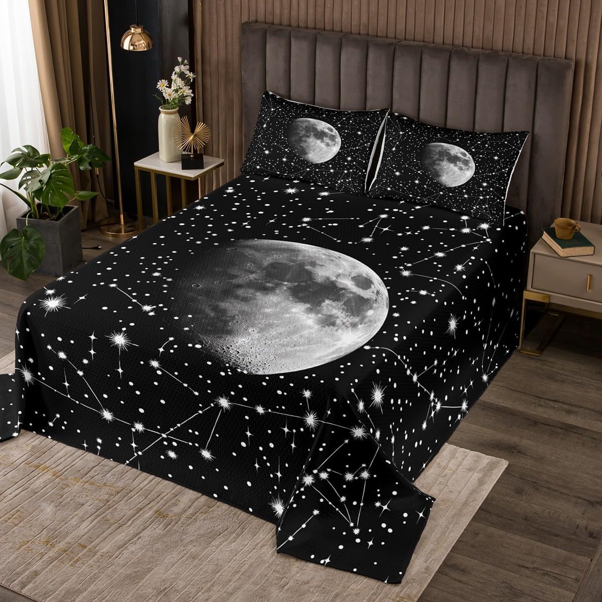 Erosebridal Trippy Moon Bedspread Set Queen Psychedelic Stars Quilt Set, Astrology Coverlet Set Constellation Bedding Set, Mystic Galaxy Bed Cover Nebula Celestial Decor for Bedroom