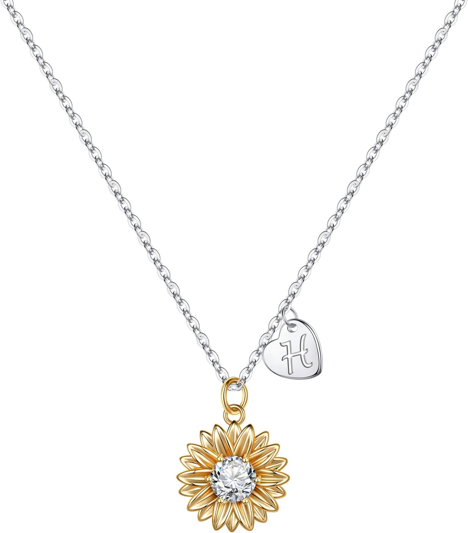 TINGNSunflower Necklace with Letters Women, 14 Carat White Gold Plated Intial Necklace with Sunflowers CZ Pendant Heart Letter Necklace Girls Sunflowers Jewellery for Girls Gifts