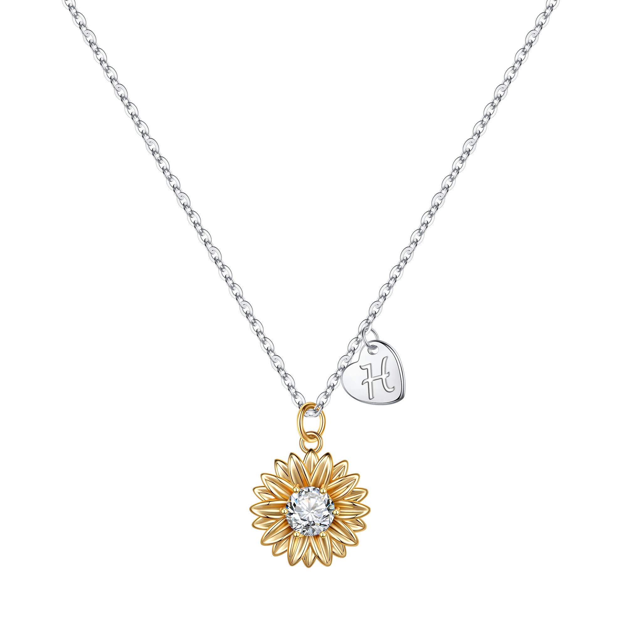 TINGNSunflower Necklace with Letters Women, 14 Carat White Gold Plated Intial Necklace with Sunflowers CZ Pendant Heart Letter Necklace Girls Sunflowers Jewellery for Girls Gifts