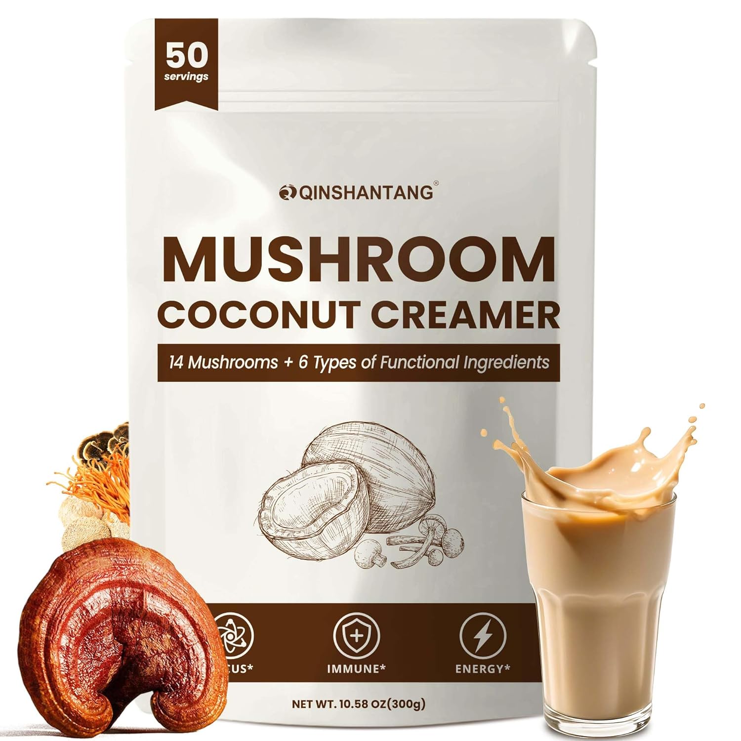 Mushroom Coffee Creamer, 50 Servings, 20-in-1 Superfood Coconut Creamer Powder with 14 Mushroom Supplements, Ashwagandha, Alpha-GPC, Magnesium Glycinate | Energy & Focus & Digestion | Non-Dairy, Keto
