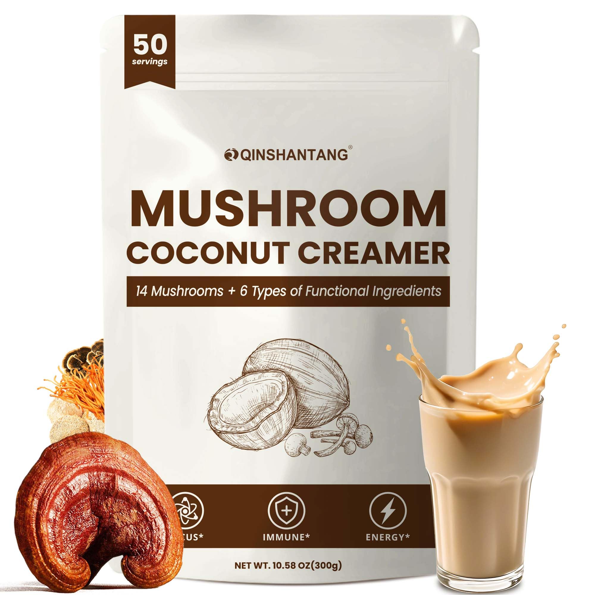 Mushroom Coffee Creamer, 50 Servings, 20-in-1 Superfood Coconut Creamer Powder with 14 Mushroom Supplements, Ashwagandha, Alpha-GPC, Magnesium Glycinate | Energy & Focus & Digestion | Non-Dairy, Keto