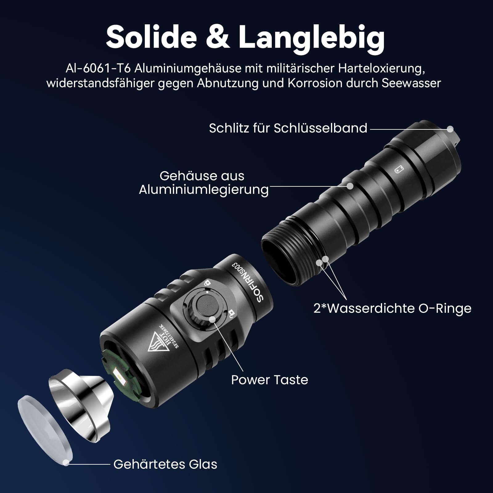 Sofirn SD03 Tauchlampe, 1800 Lumen Unterwasser Taschenlampe mit Abschließbarem Schalter, Tauchen Taschenlampe IPX8 Wasserdichte 100m,3 Lichtstufen & Aufladbar Akku und Ladegerät