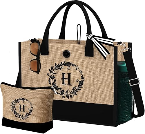 Regalos de cumpleaños para mujer Bolsas de mano con inicial de yute y maquillaje con correa ajustable, bolsas de mano con monograma bordado