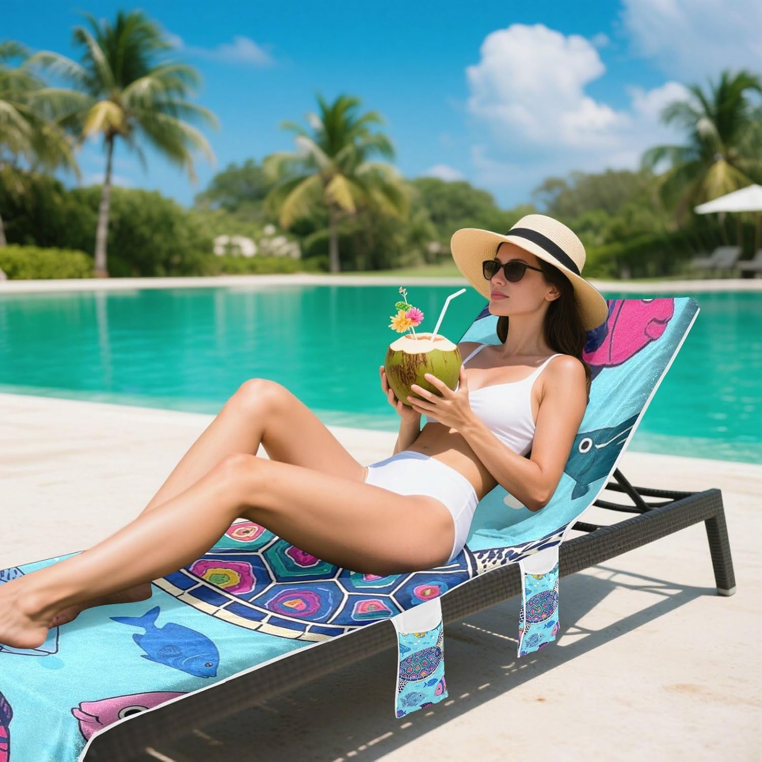 Ocean Sea Turtle Fish Blue Chaise Lounge Cushion Covers Waterproof Outdoor Furniture Lounge Chair Towel Cover for Outdoor Pool Beach Sunbathing, 85" X 30"