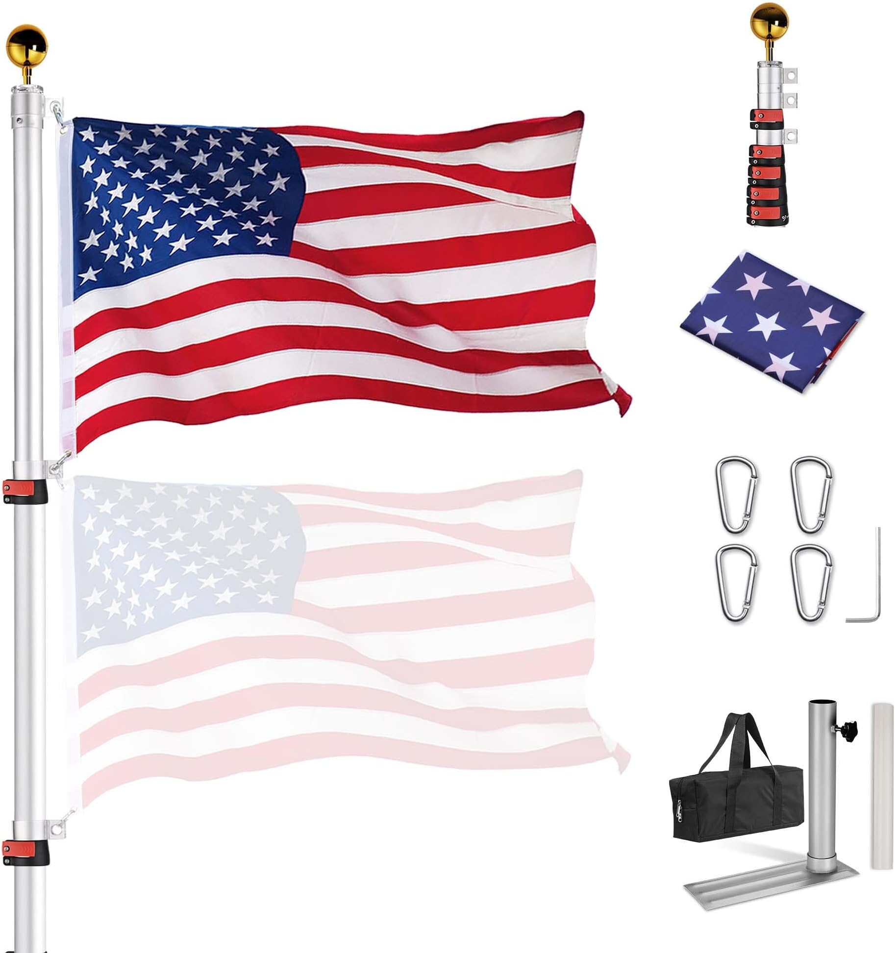 Yeshom 30ft Silver Portable Telescopic Tailgate Flag Pole Kit with Anti-Sway Tire Mount & Carry Bag for RV Camping with US Flag Ball Top, Outdoor Telescoping Flagpoles