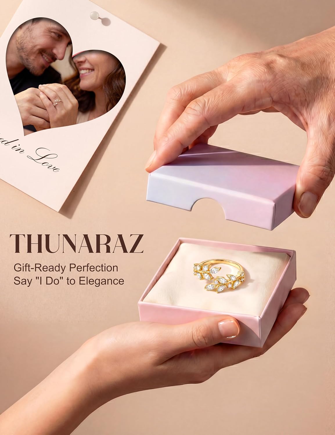 THUNARAZ 14K Gold Plated Leaf Rings for Women Non Tarnish Adjustable Marquise Cubic Zirconia Ring Dainty Trendy Statement Ring Promise Wedding Engagement Jewelry Gift