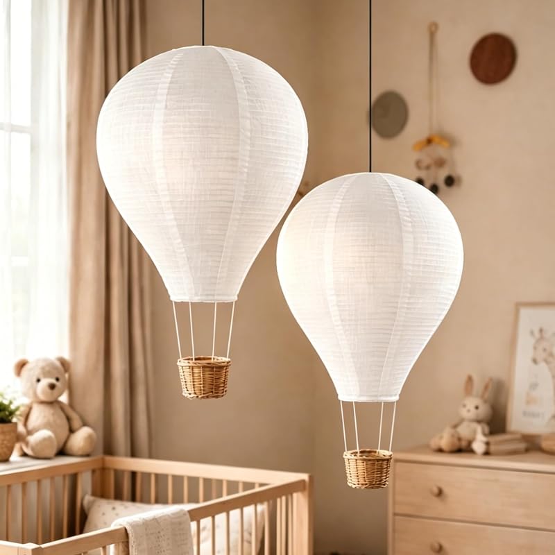 METHEDEECO 2 pantallas de lámpara decorativas con globos aerostáticos de 14 pulgadas, blanco | Lino sintético hecho a mano, sombra decorativa para decoración de techo colgante de guardería, para habitación de bebé, sala de juegos para niños