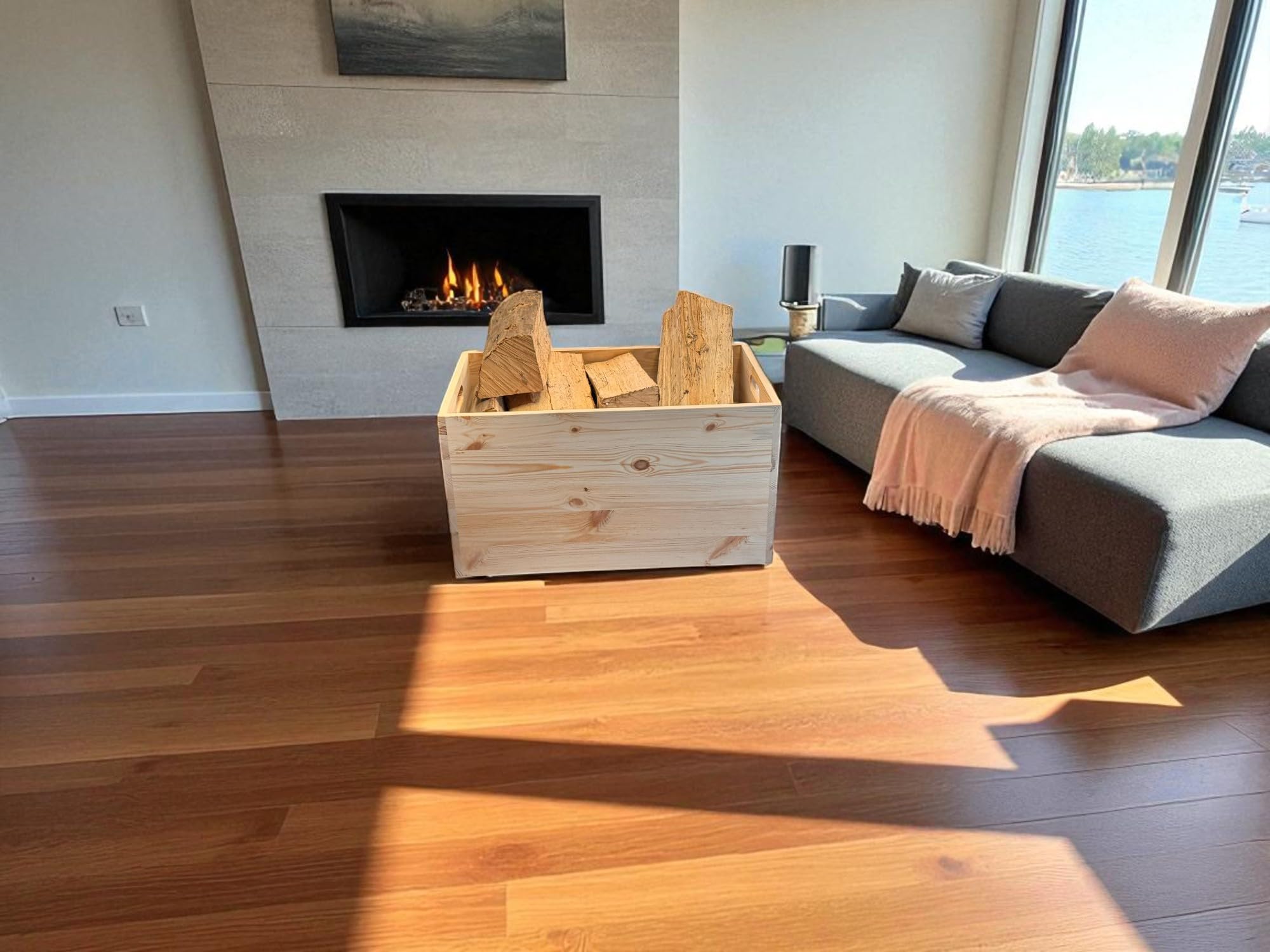 weeco Holz-Aufbewahrungstruhe mit Rollen, 73×45×40 cm, Kiefernholz, unbehandelt, Multifunktionale Lagerkiste für Kaminholz, Decken & Wohnaccessoires