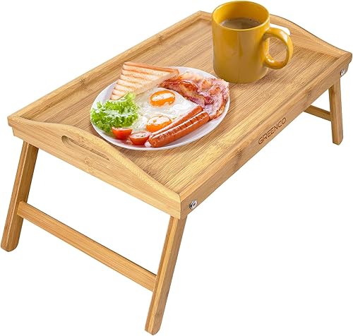 Greenco Bandeja de bambú plegable para servir de mesa de desayuno, escritorio de laboratorio, mesa de cama