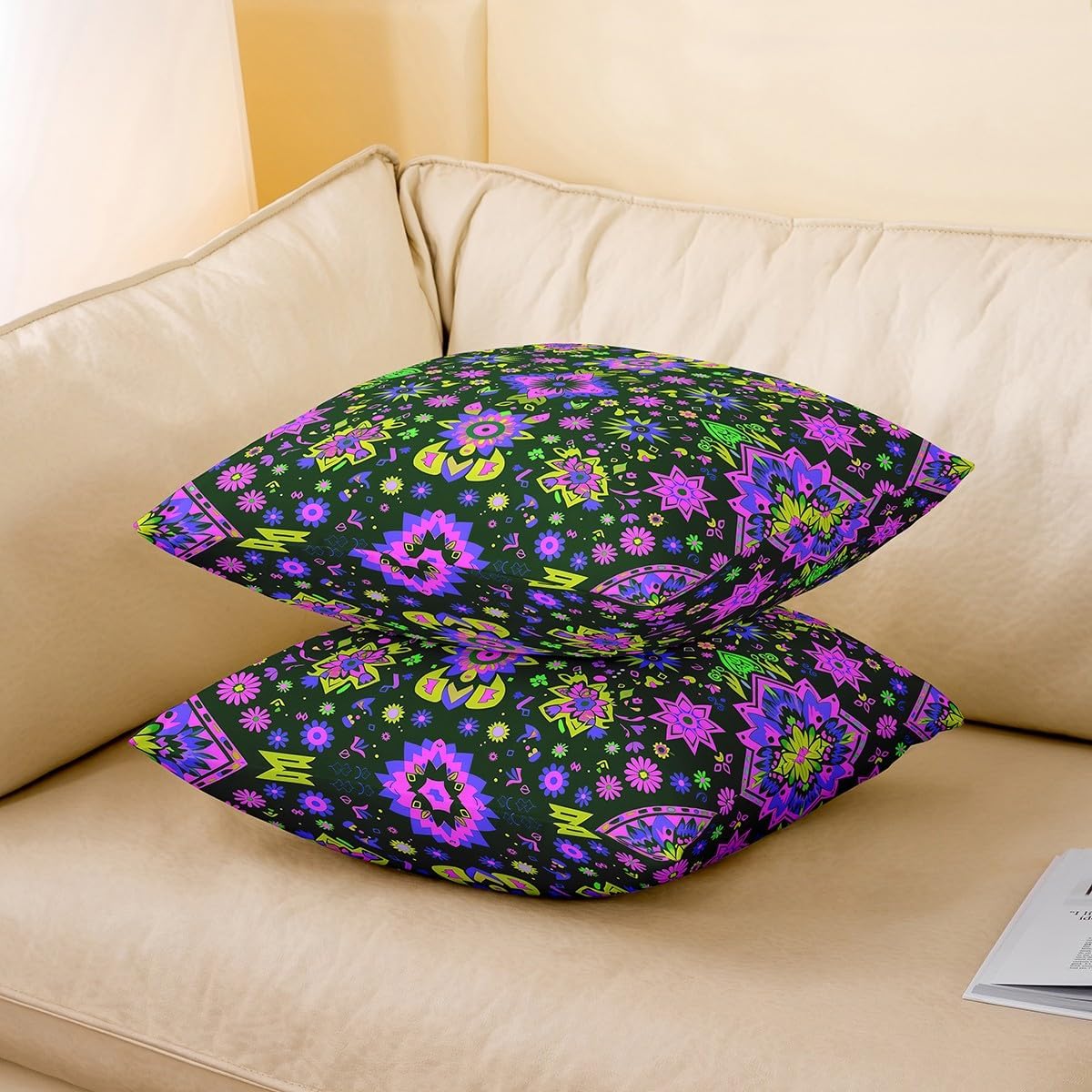 Homewish Boho Floral Pillow Covers 24x24 Inch Set of 2 Purple Pink Groovy Daisy Hippie Cushion Cases for Kids Teens Adults Cartoon Retro Floral Exotic Ethnic Cushion Covers for Living Room Couch