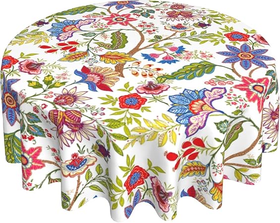 Colorful Flowers Tablecloth Round 60 Inch Spring Summer Table Cloth Washable Spillproof Wrinkle Free Watercolor Floral Green Leaf Fabric Table Cover for Indoor Outdoor Kitchen Dinning Round Tables