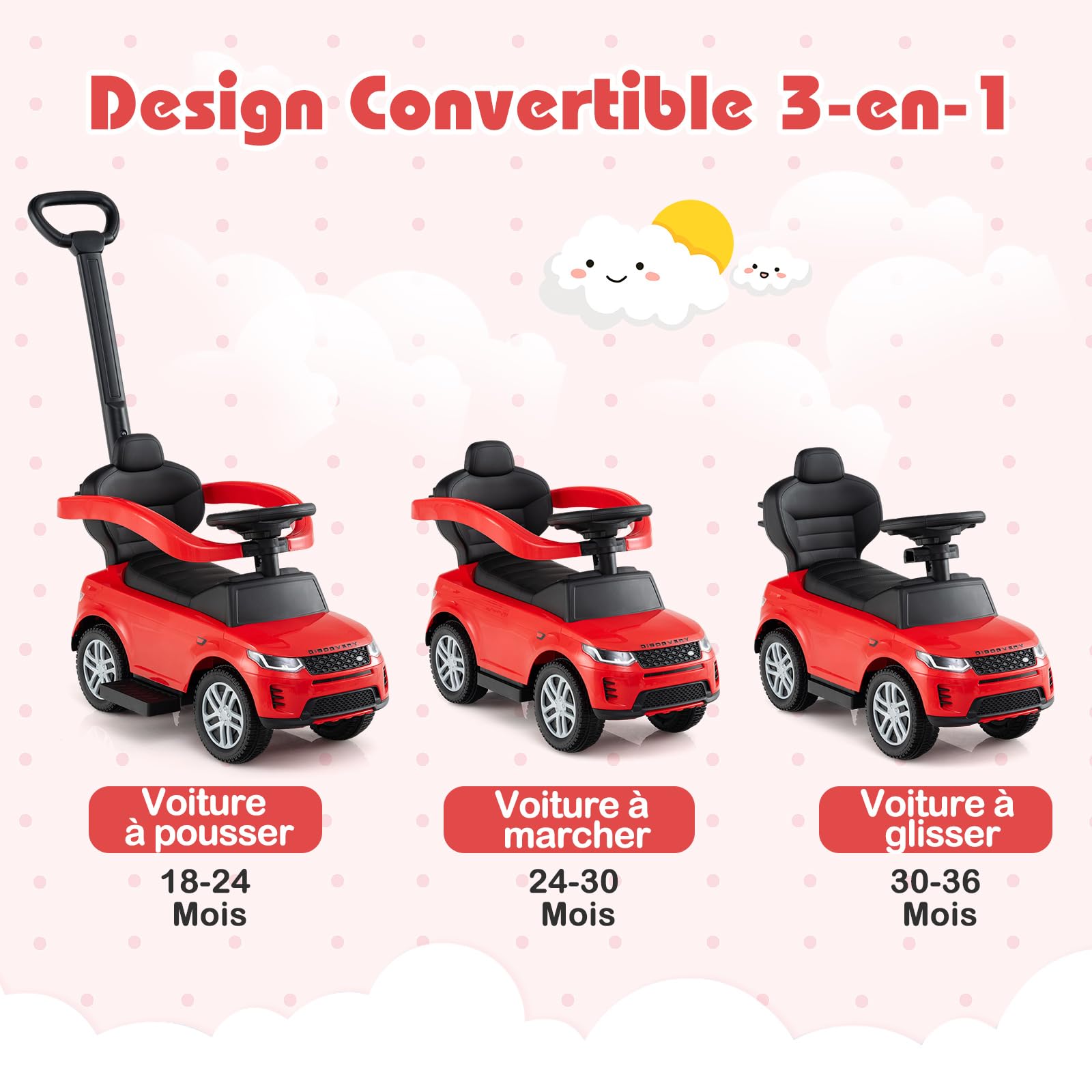 COSTWAY 3 en 1 Porteur Enfant avec Volant & Klaxon & Son de Démarrage, Voiture à Pousser Enfant avec Coffre sous Siège, Poignée & Barrière de Sécurité Amovible, Charge 25kg pour 18-36 Mois (Rouge)