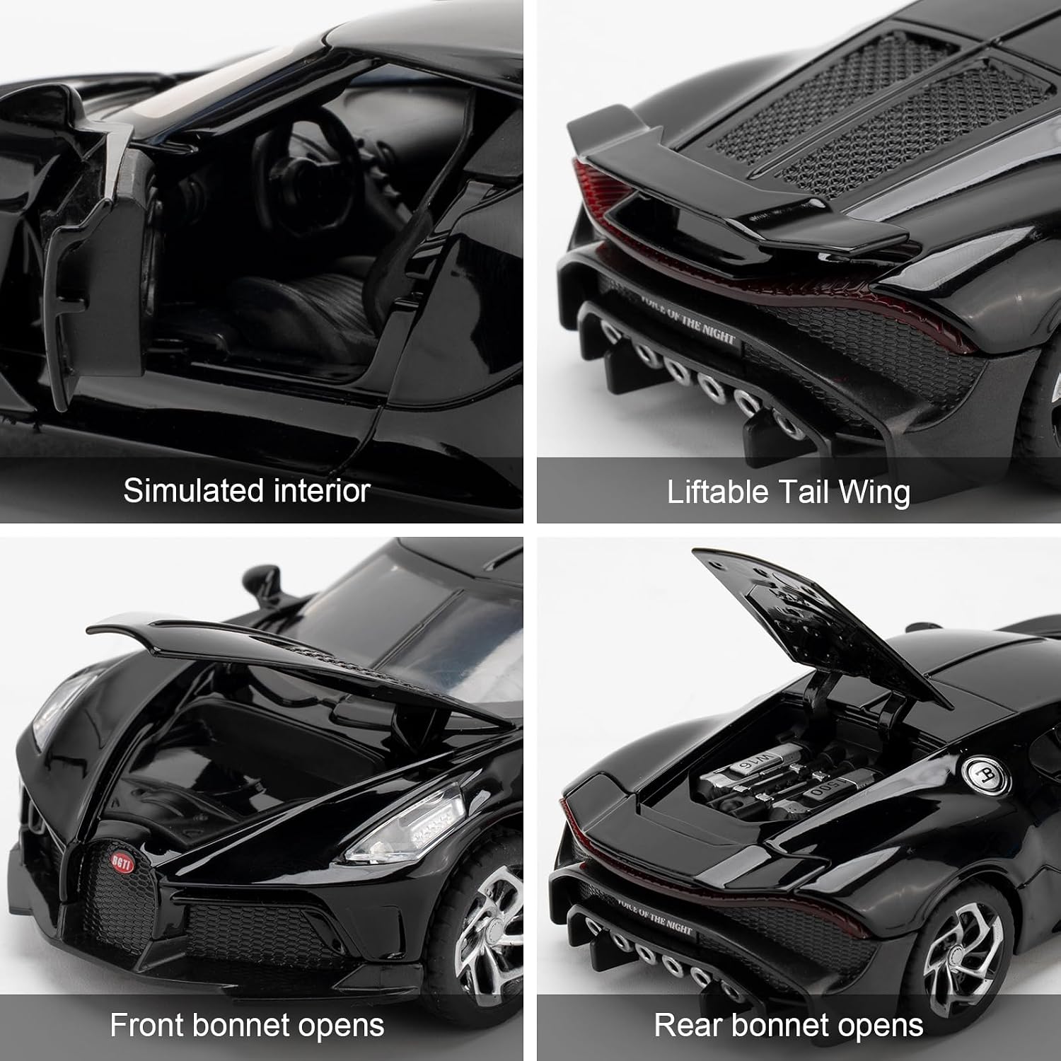 1/32 Scale Bugatti La Voiture Noire Diecast Car Model, Zinc Alloy Pull Back Toy Car with Sound & Light, Collectible Vehicle Toy Gift for Kids Adults, Black