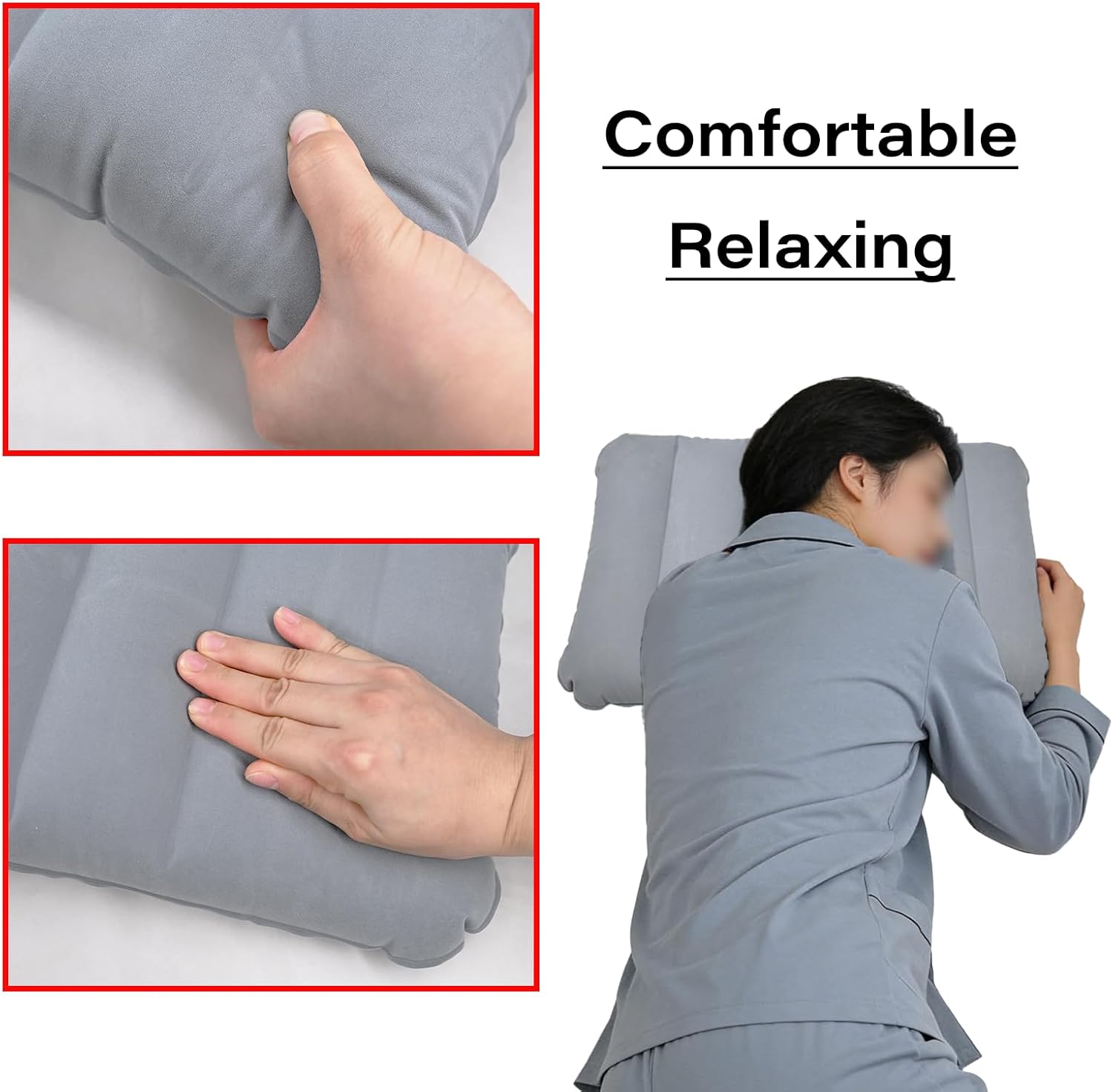 LiXiongBao 2 Pack Gray Ultralight Inflatable Pillow Small Squared Flocked Fabric Air Pillow for Beach Hiking,Camping,Traveling,Napping,Desk Rest,Neck &Lumbar Support