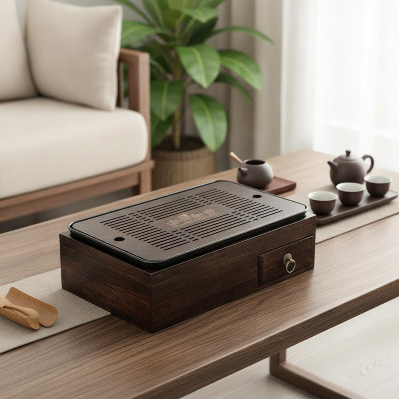 Bandeja de Té con Almacenamiento Bandeja de Servicio Tablero de Caja Organizadora Estructura Robusta de Bambú Pesado y, Caja De Almacenamiento Cuadrada + Bandeja De Té