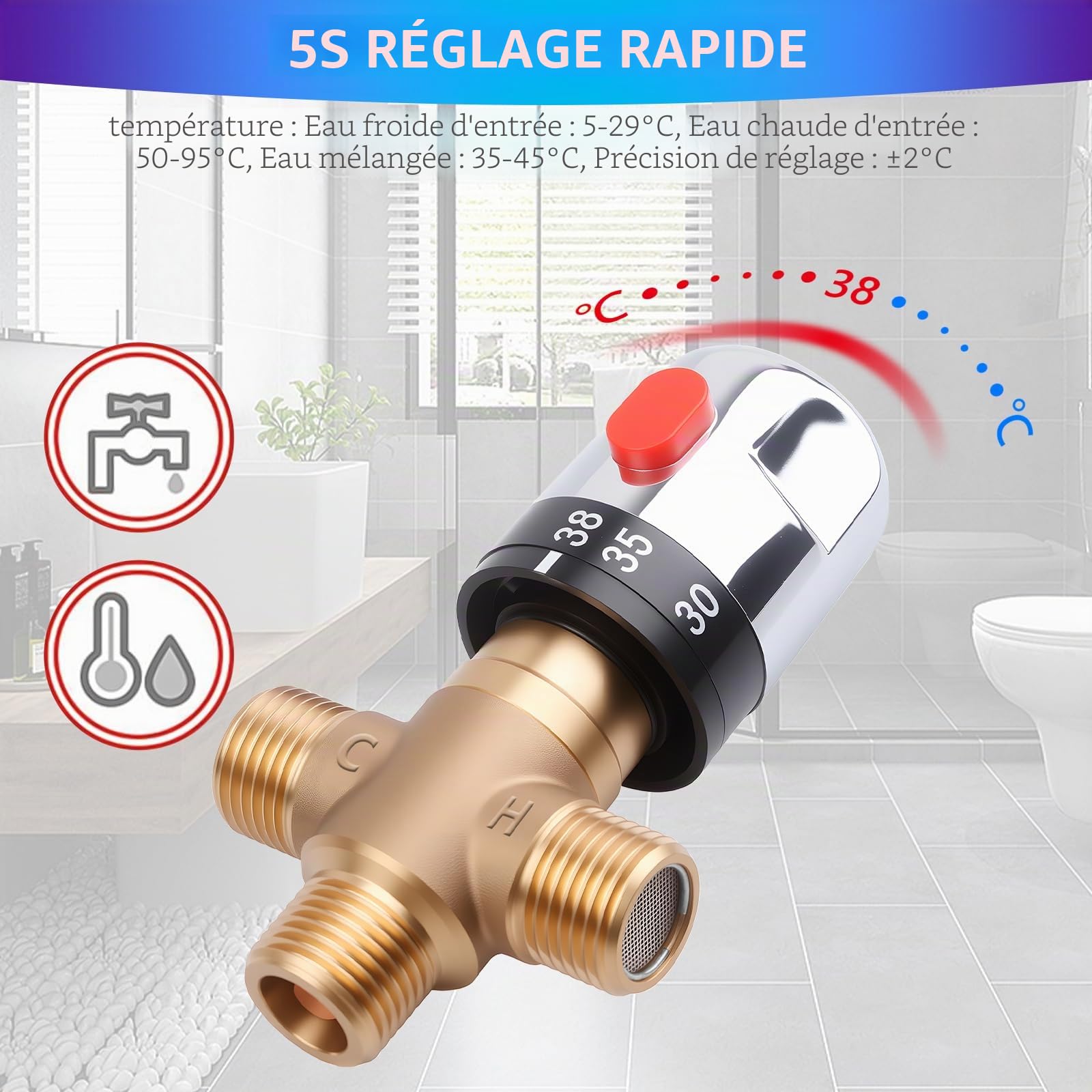 Vanne de mélange thermostatique, mélangeur thermostatique à 3 voies, mélangeur thermostatique G1/2, vanne de contrôle de la température de l'eau, vanne de mélange thermostatique pour utilisation