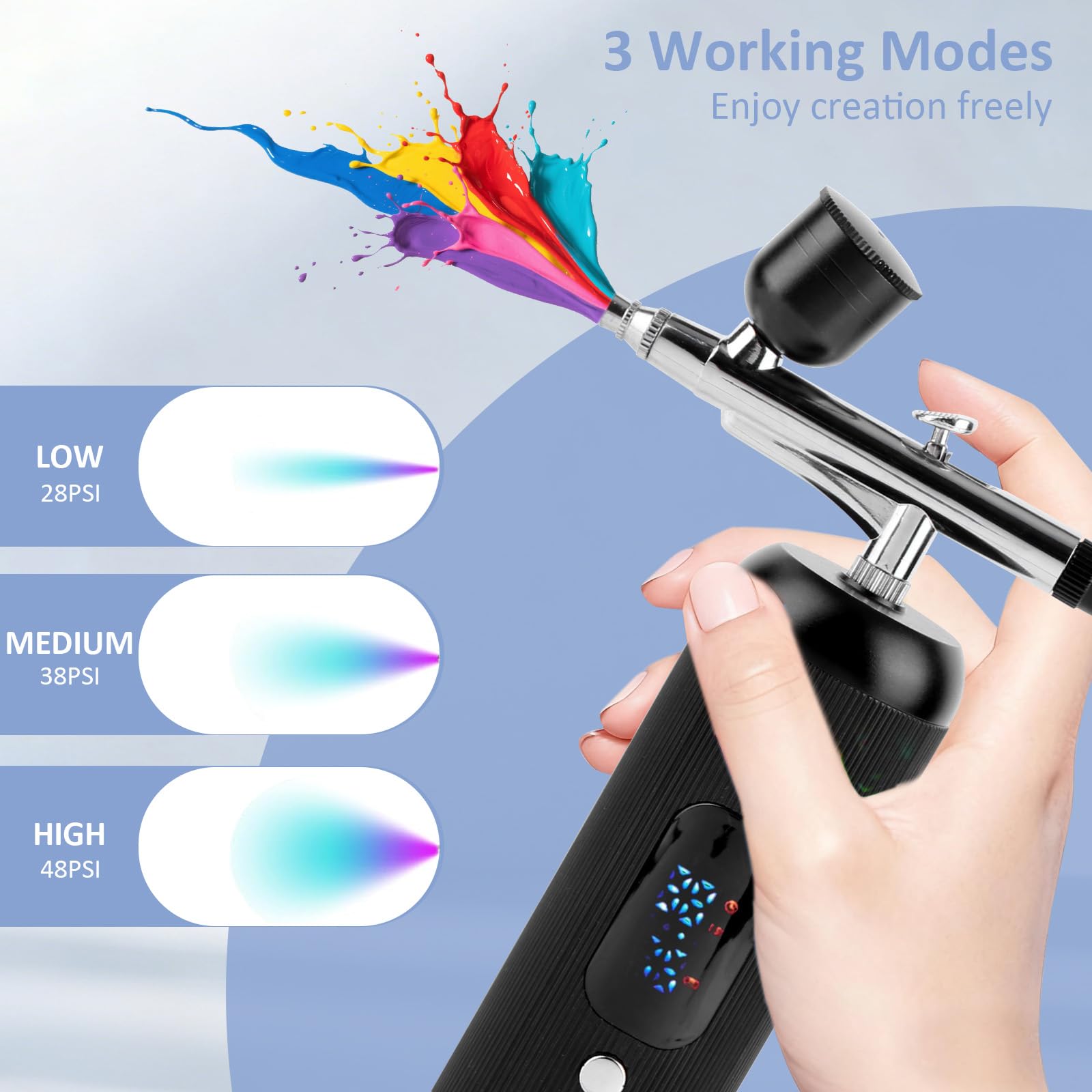 Kit aerografo con compressore, portatile, ricaricabile, senza fili, ad alta pressione, con ugello, display di potenza e spazzola per la pulizia, per pittura, nail art, trucco, decorazione torte